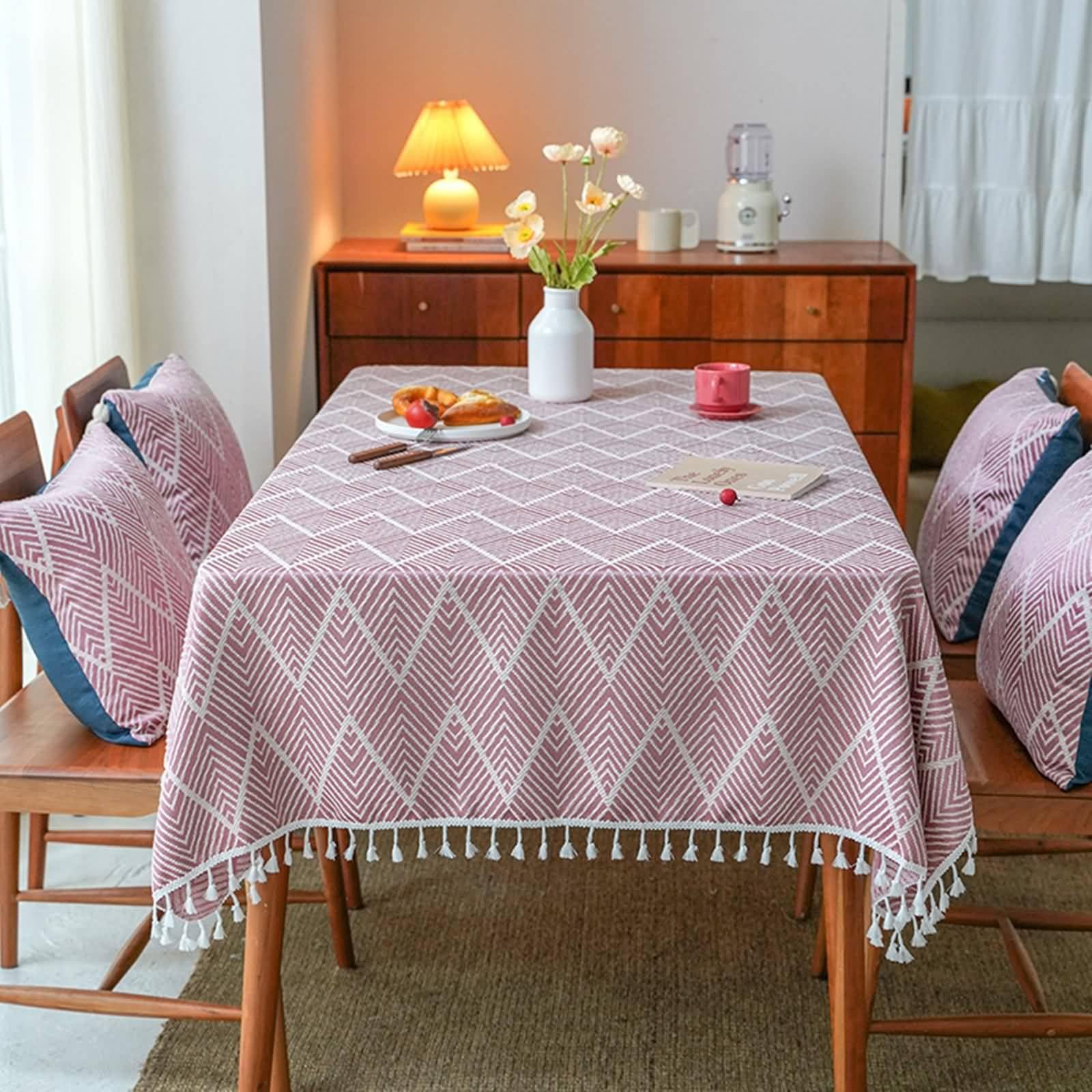 Tovaglia da Cucina Rettangolare, Tovaglie 110 x 170 cm Motivo ondulato a spina di pesce in Lino Tovaglia per Casa e Cucina, Tovaglia Elegante per PicnicRosa
