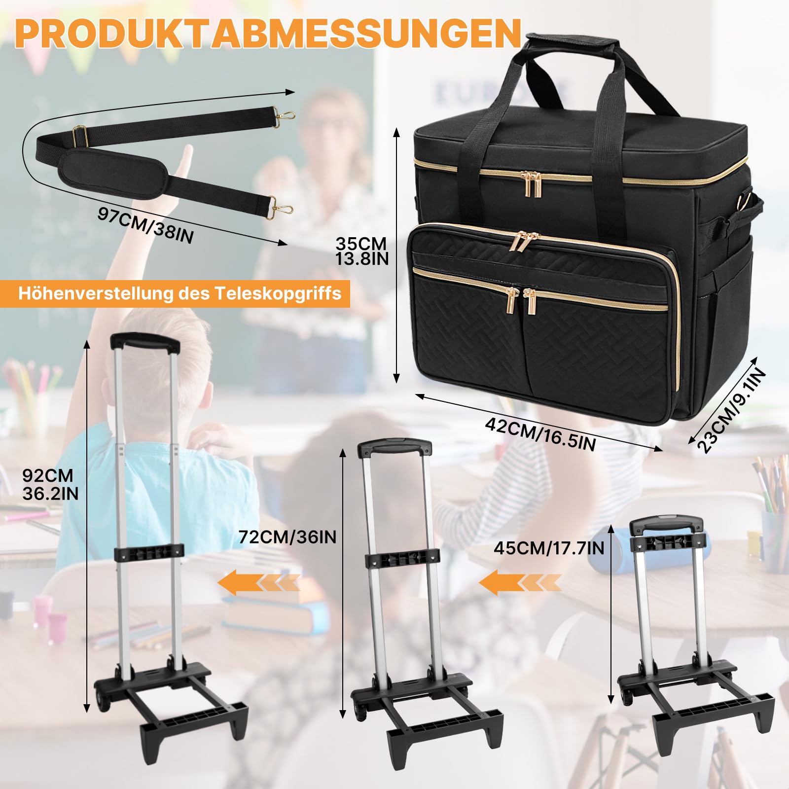 SUNDOY Sac de Travail à roulettes pour Enseignants avec Compartiment Extensible pour Ordinateur Portable jusqu'à 17,3", Noir, 42x23x35-ZM, Pied-de-Poule