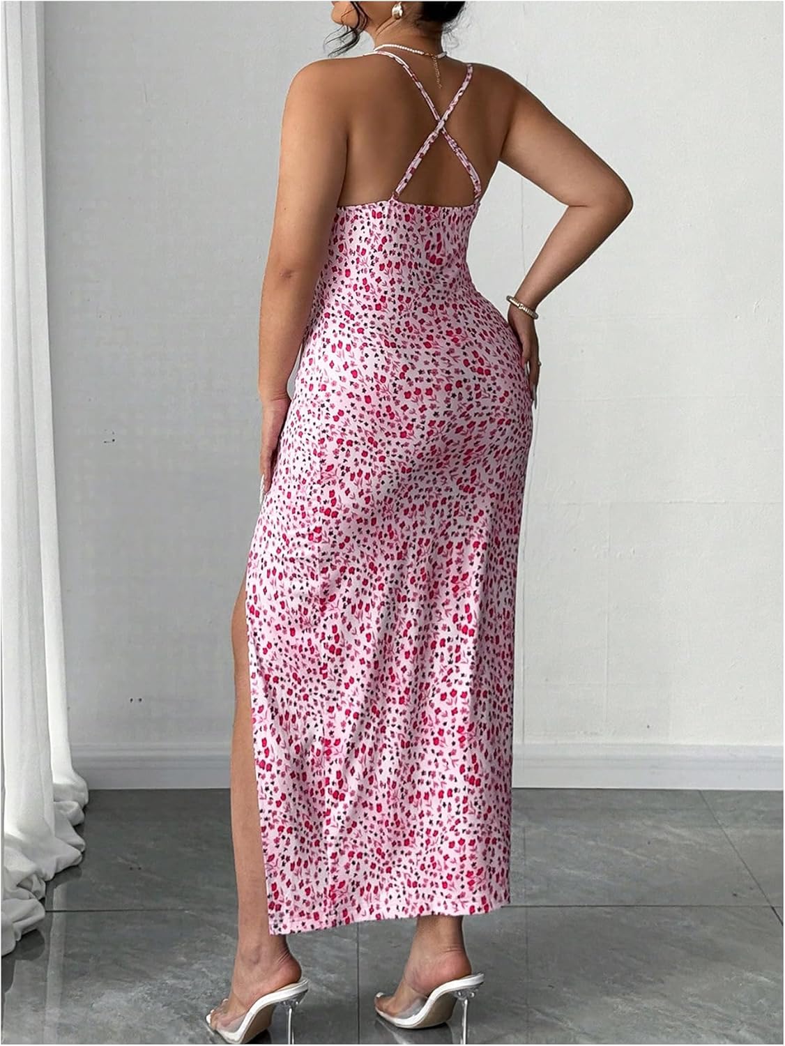 Floerns Women's Plus Size Summer Long Dress Floral Criss Cross Bodycon Slit Beach Dresses - Image 3