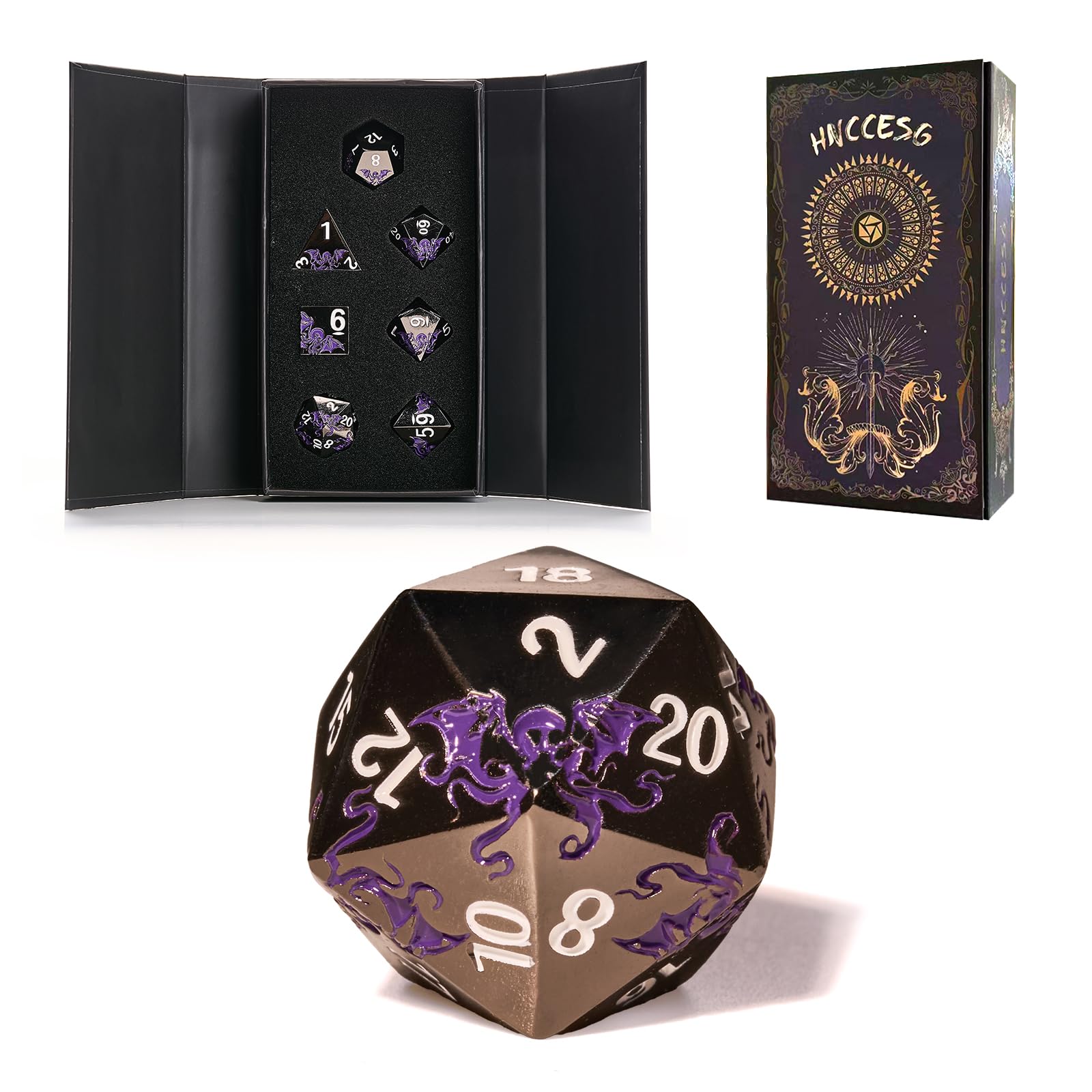 Set Dadi in Metallo–Design Polpo,7 Pezzi D4 D6 D8 D10 D12 D20 D00,Dadi Poliedrici Premium per RPG e Giochi da Tavolo,Scatola Regalo Magnetica (Nero Viola)