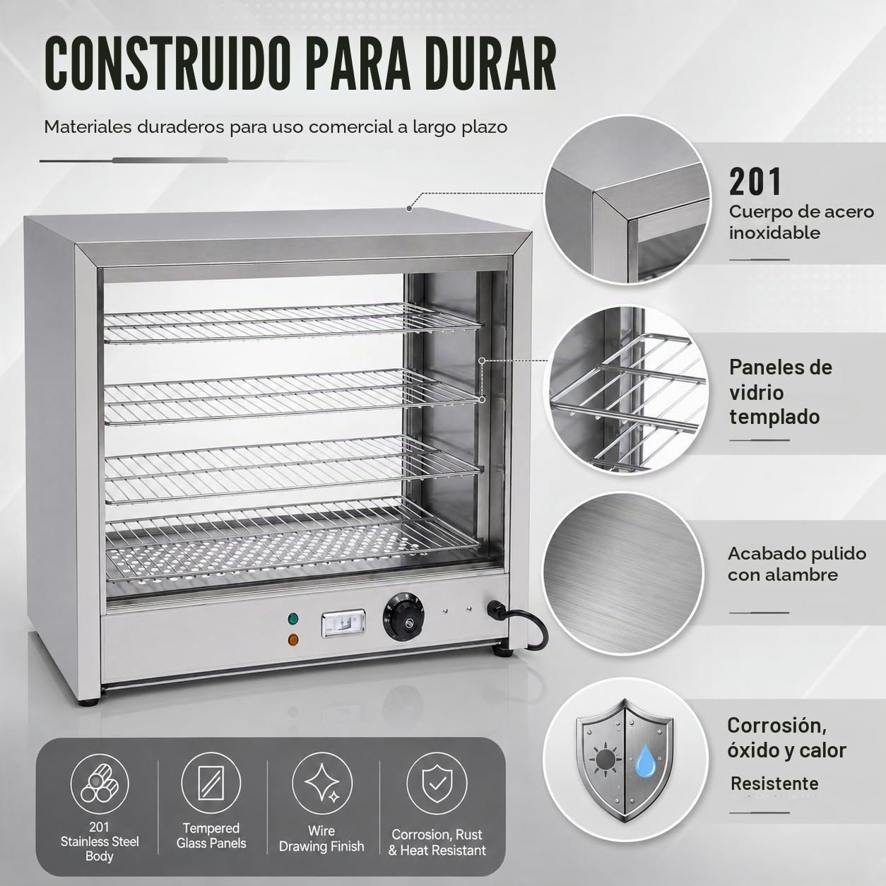 SHZICMY Vitrina para mantener el calor con iluminación, 4 pisos, calentador de alimentos, 800 W, 30-85 °C