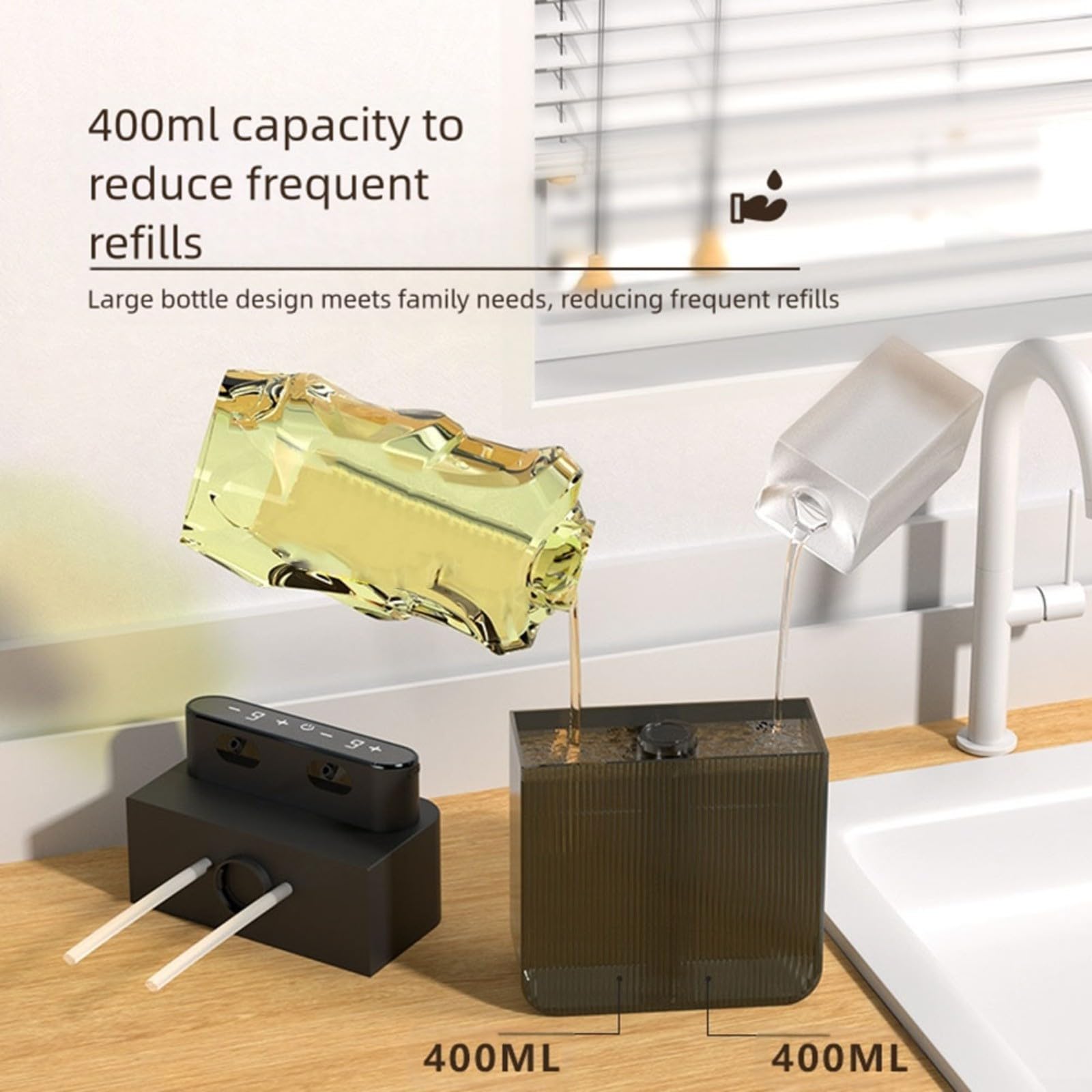 Dispensador de jabón eléctrico de doble cabeza, espuma y líquido sin contacto, 9 velocidades, 400 ml, IPX7 impermeable, batería de 3000 mAh para cocina y baño (A)