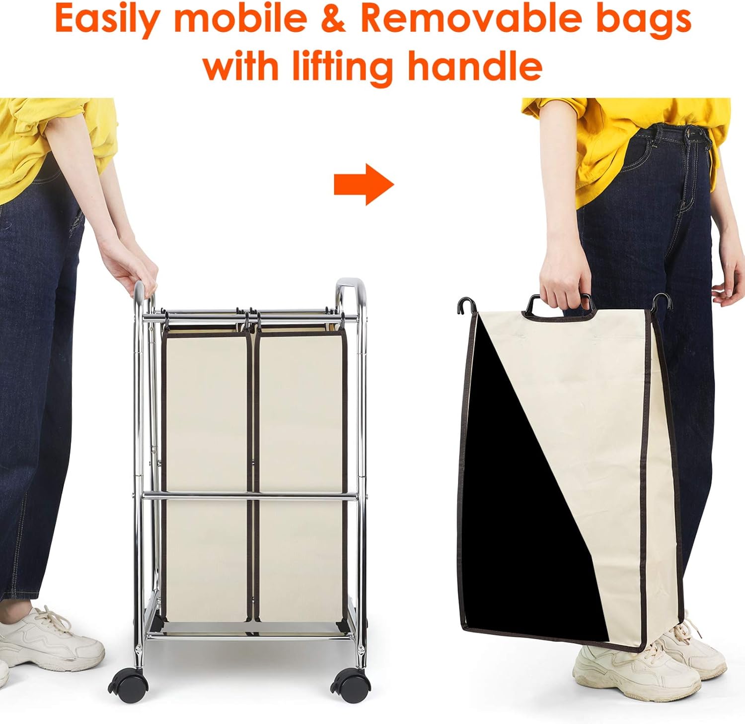 Simple Trending 2-Bag Laundry Hamper Sorter Cart with Heavy Duty Rolling Wheels and Removable Bags, Chrome