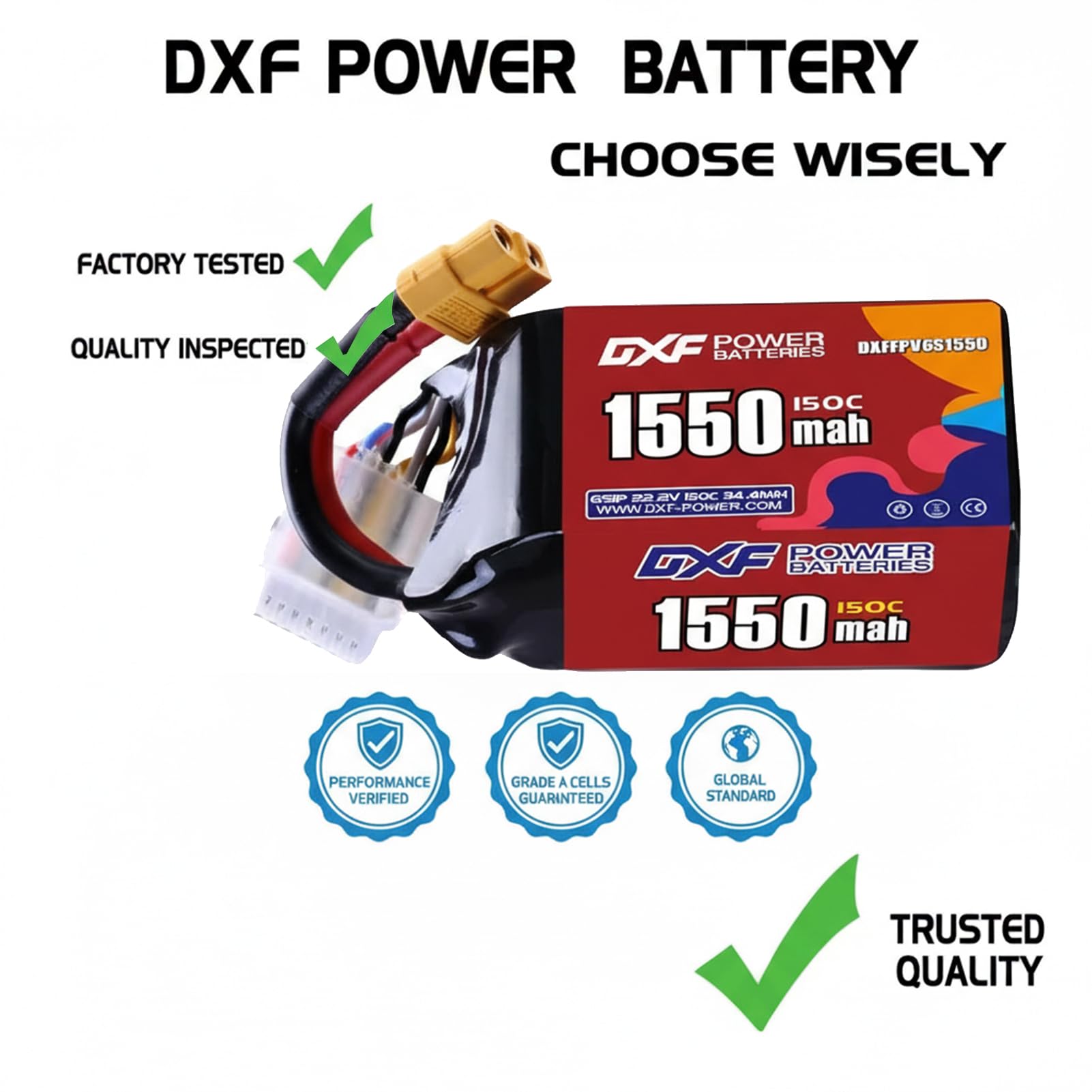 DXF 6S 1550 mAh Lipo Akku 22,2 V 150 C mit XT60 Stecker RC Graphen Akku für FPV-Drohne Quadcopter Hubschrauber Flugzeug RC Boot Autorennen Modelle (2 Stück)