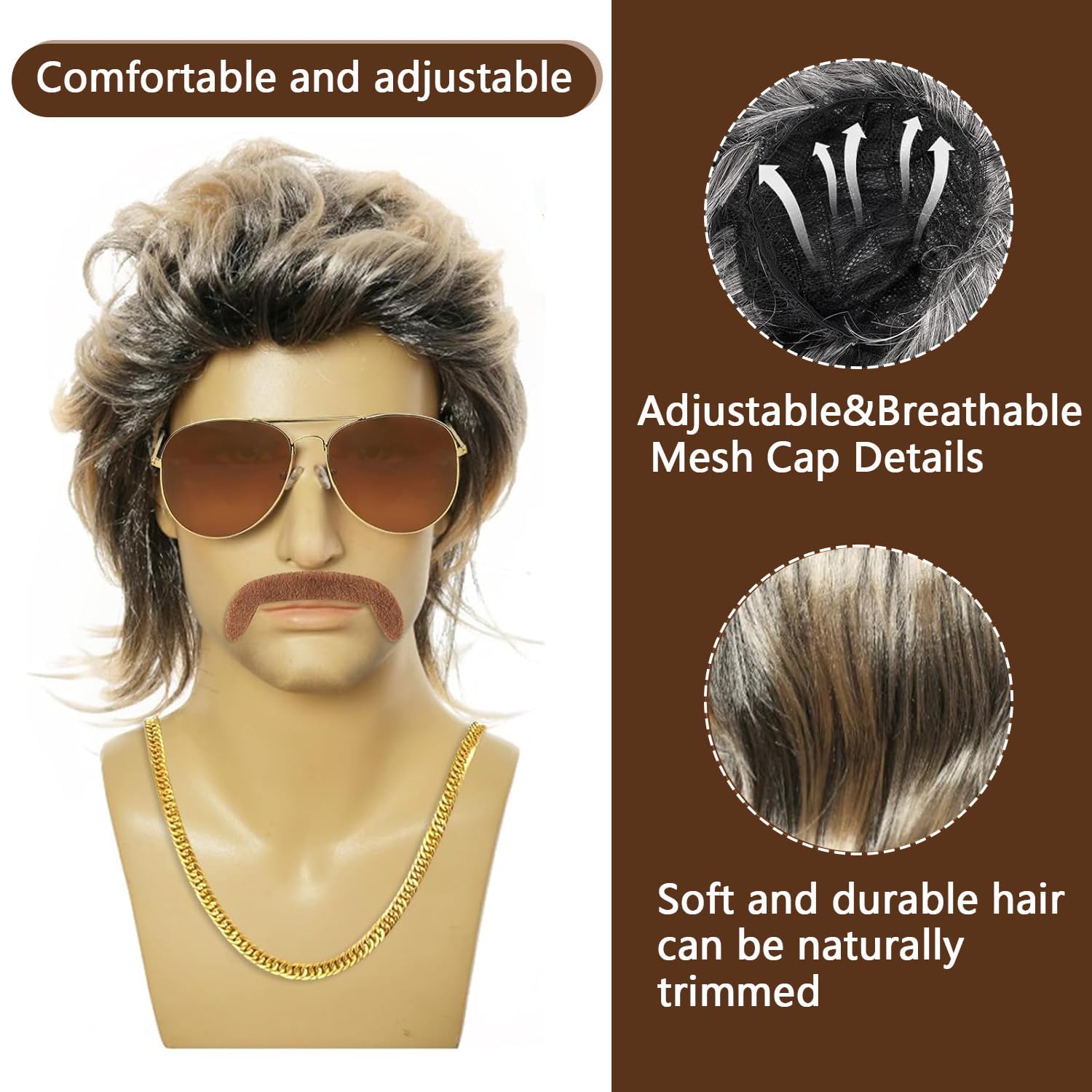 Costume Mullet Anni 70-80 - Parrucca Uomo Con Occhiali, Collana E Baffi Finti Per Halloween - Foto 6