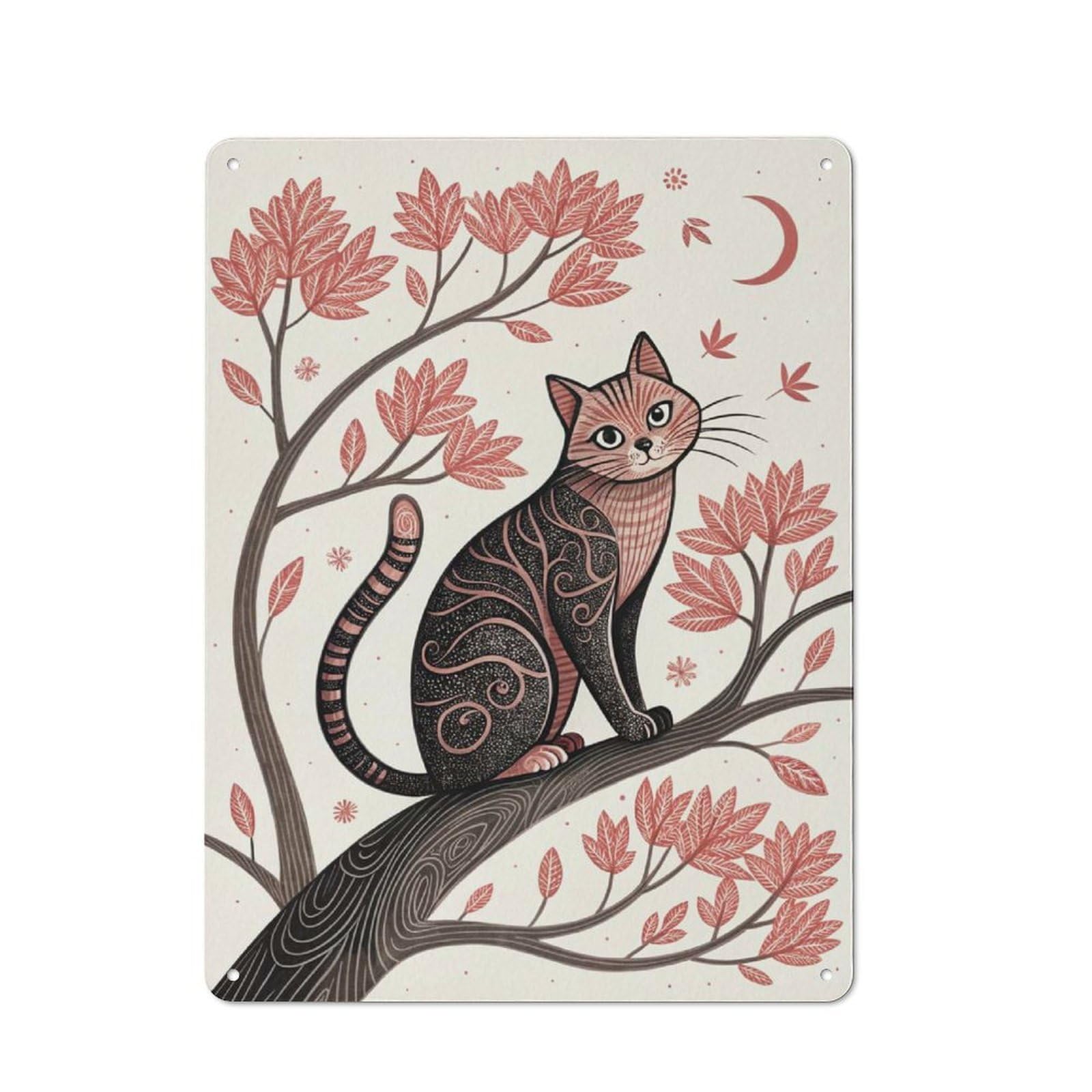 Junmoney Style Loft Cat On A Branch With Autumn Leaves Decorative Metal Plaque 40X30cm, Studio Wall Art For Workspace, Cafe, Hallway Or Garage