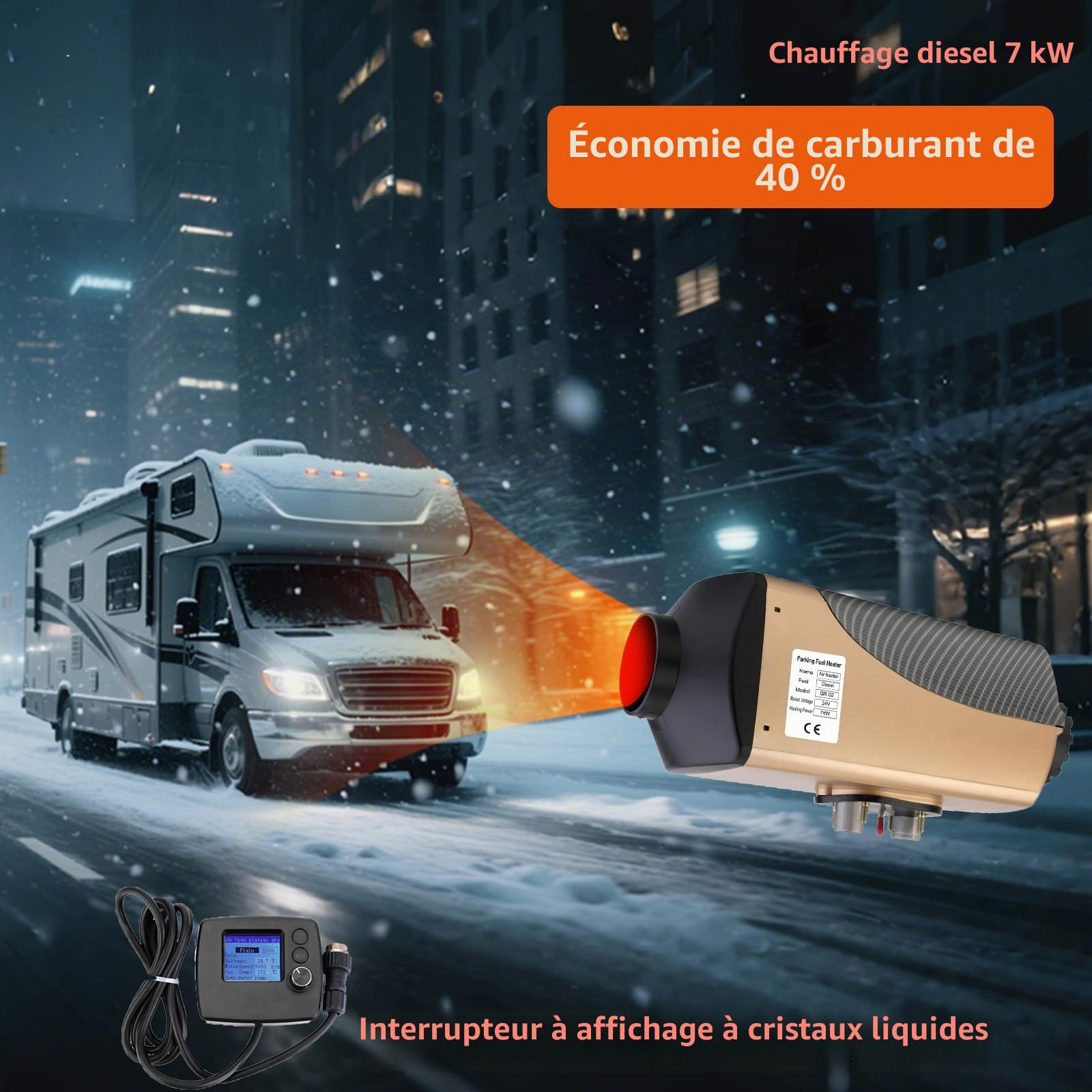 chauffage diesel 7kW 24V, chauffage gasoil, avec écran LCD et thermostat automatique, chauffage diesel, chauffage van aménagé, chauffage camping car 24v pour camions, camping-cars, bateaux