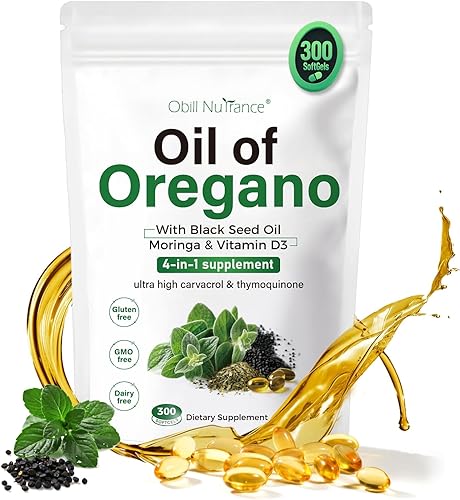 Cápsulas de aceite de orégano, aceite orgánico 4 en 1 de orégano con aceite de semilla negra, moringa y vitamina D3 cápsulas blandas para apoyo
