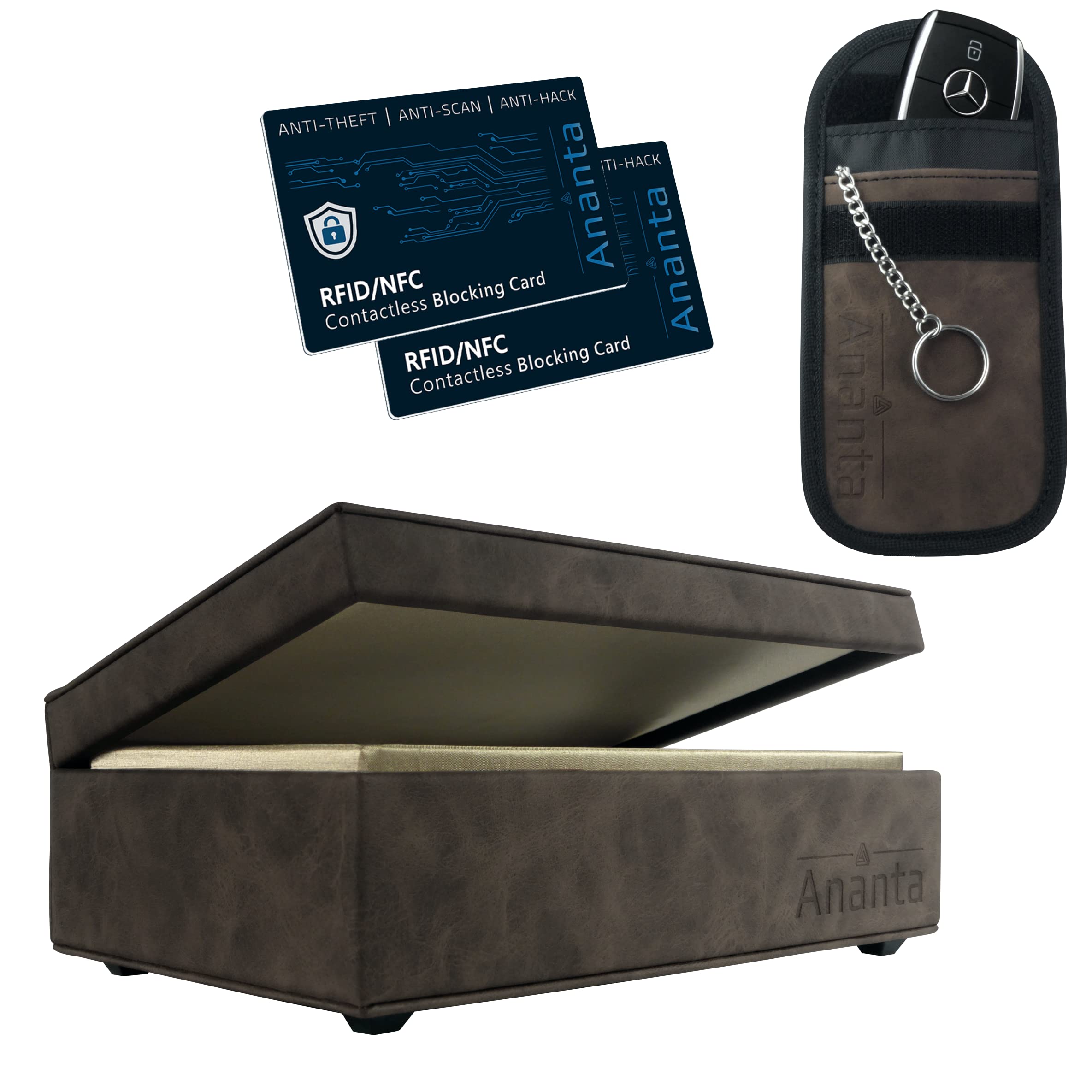 Ananta Faraday Box for Car Keys – Premium RFID Key Box with Secure Magnetic Close, Spare Key Pouch & RFID Blocking Cards (Brown)