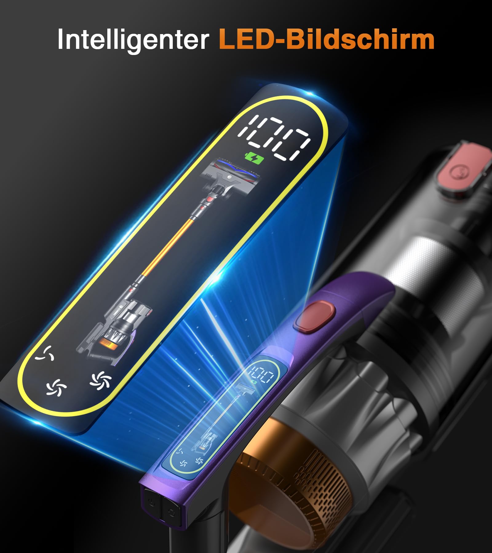 CHEBIO Akku Staubsauger 50000Pa/600W, 75 Min Staubsauger Kabellos Beutellos, 1.8L Akkustaubsauger Freistehend mit LED-Display&Anti-Tangle-Bürste, Stielstaubsauger für Tierhaare/Hartböden/Teppiche/Auto