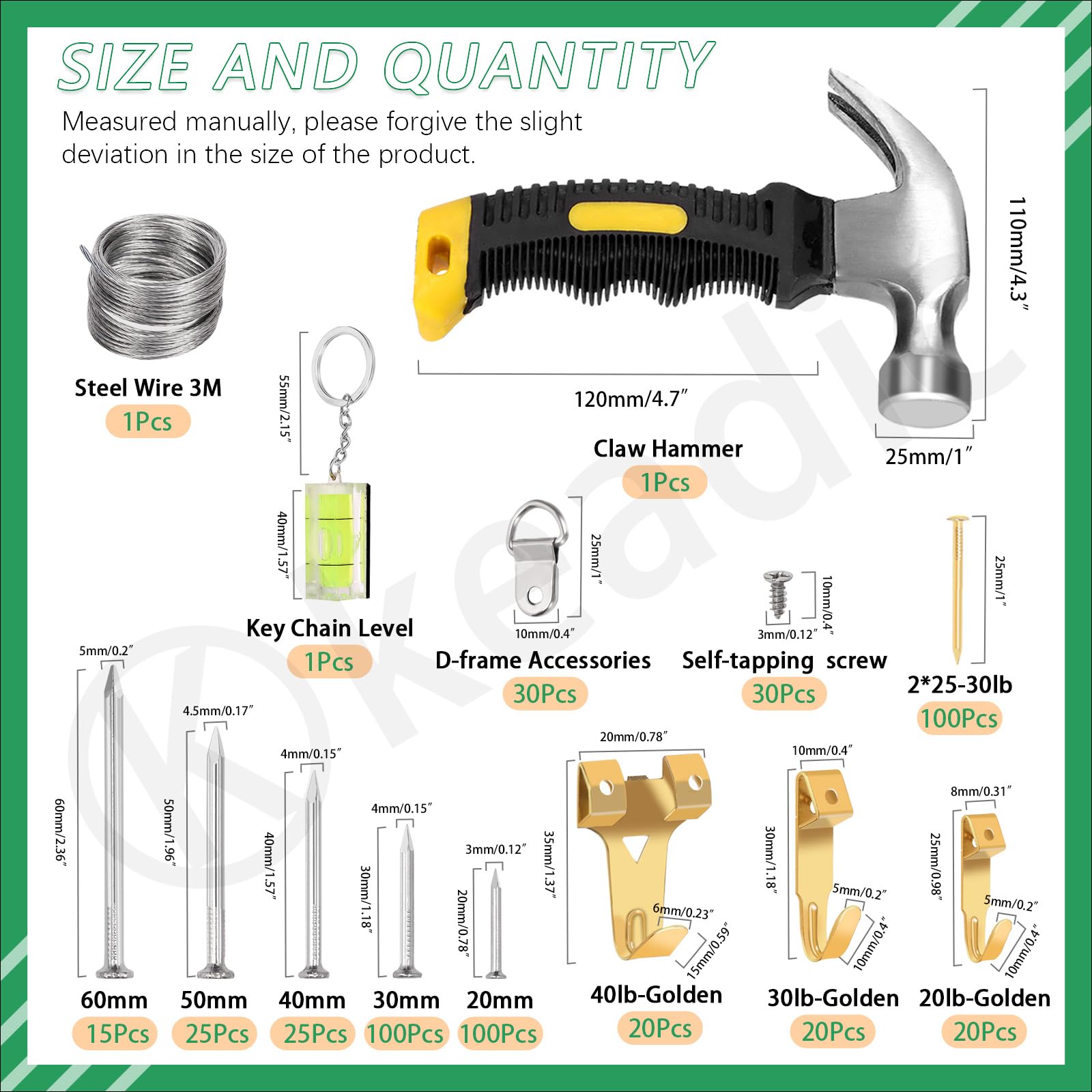 Keadic 488PCS Picture Hanging kit Include Picture Frame Hangers with Wall Nails Photo Hanging Picture Hanging Hooks Claw Hammer D-Ring Screw Hanging Wire for Home Decor - Image 2