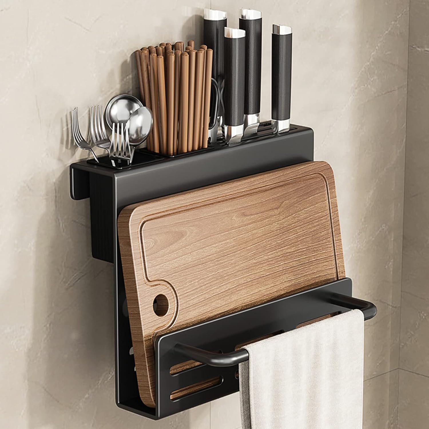 Kichvoe Wall Mount Multi-function Utensil Holder for -saving Chopstick and Cutlery Organizer Cutting Board Storage Elegant Design for Tidy Countertops