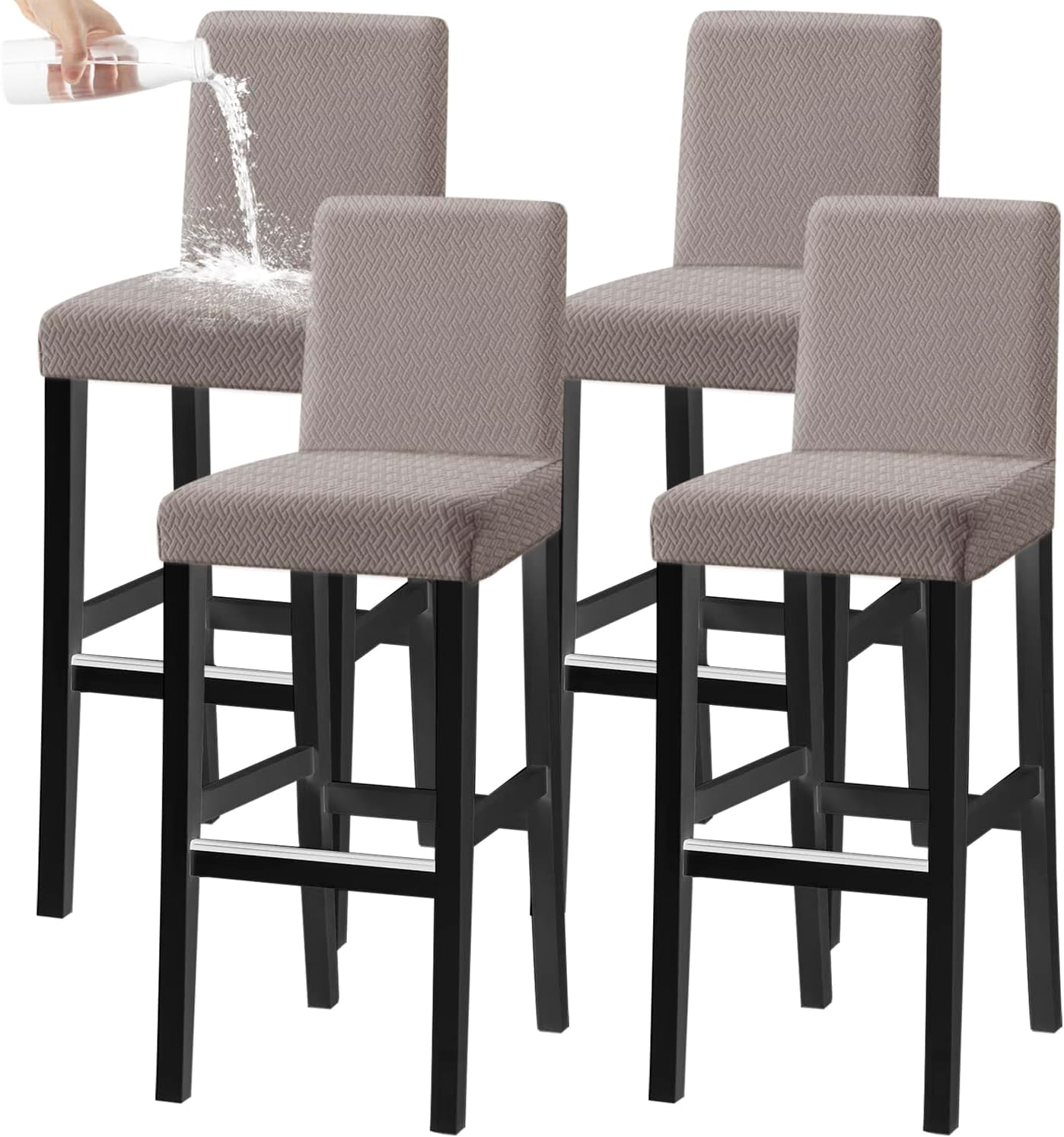 Stretch Check Jacquard bar Chair Covers with backrest, Removable Washable Chair Slip Cover for Short Rotating Dining Chair Back Chair bar Stool Chair(Taupe, Set of 4)