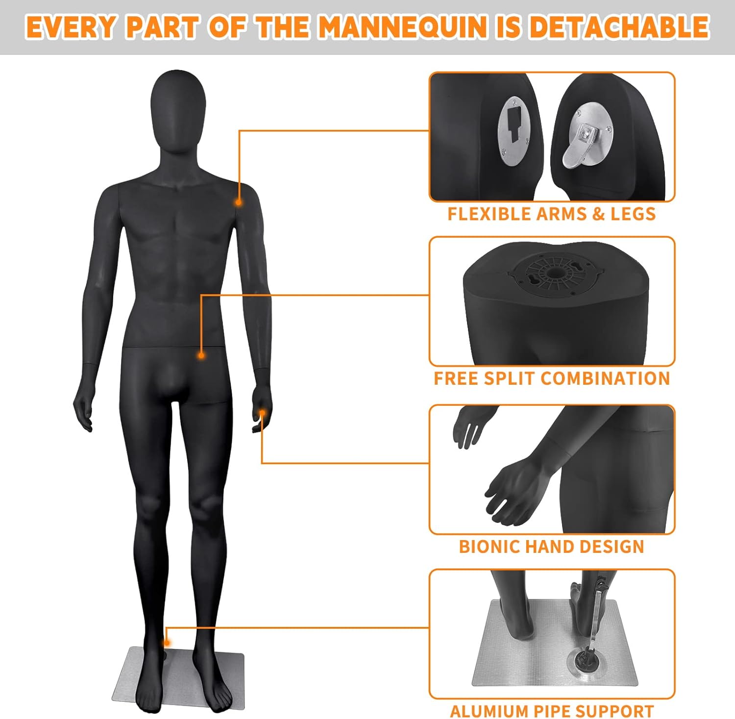 Male Mannequin Full Body Maniquine Model Stand Adjustable 73 inch Faceless Plastic Detachable Manequins Stand Metal Base Metal Connector, Black Matte