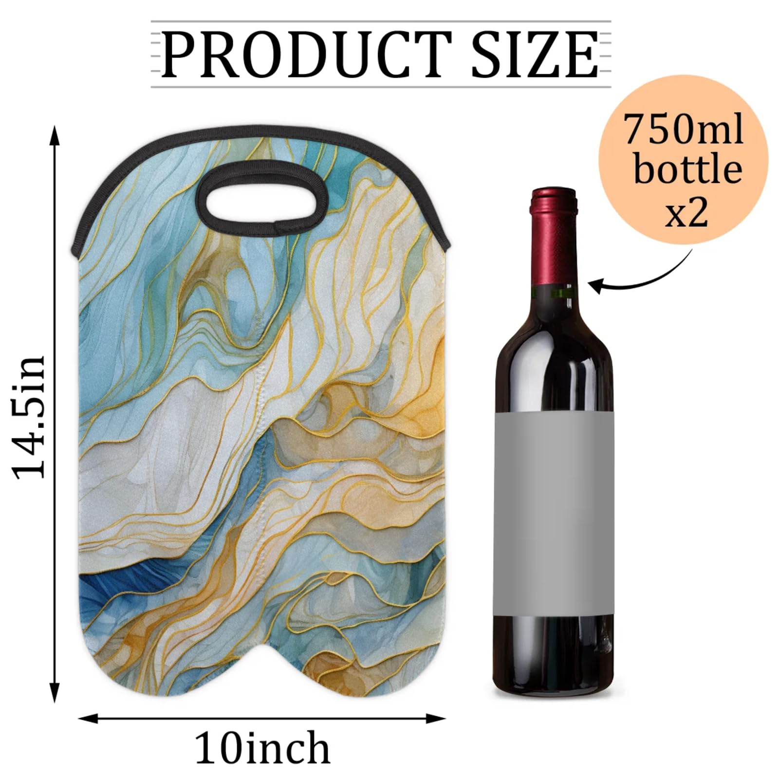 GzLeyigou 2 Bottles Abstract Wine Bag Sleeve Totes Marble Ink Neoprene Protective Wine Carrier Bag for Wine,Water, Champagne, Beer, Baby Bottles,Gift 14.5 x 10 Inches
