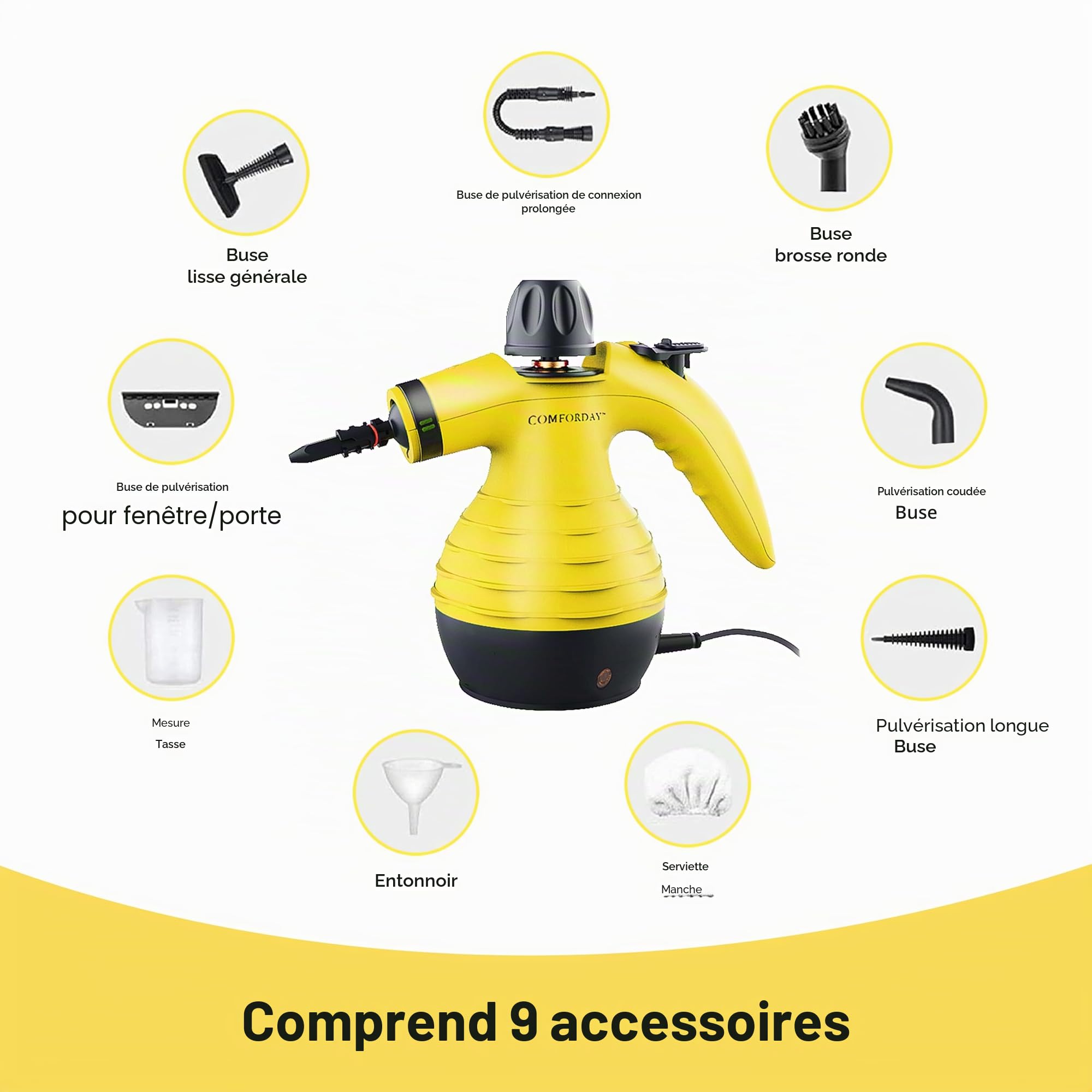 Comforday Nettoyeur Vapeur à Main 9 Accessoires nettoyeur haute pression Multi-usage, pour sols, meuble, voiture, salle de bain, fenêtre, tapis cuisine, steamer cleaner