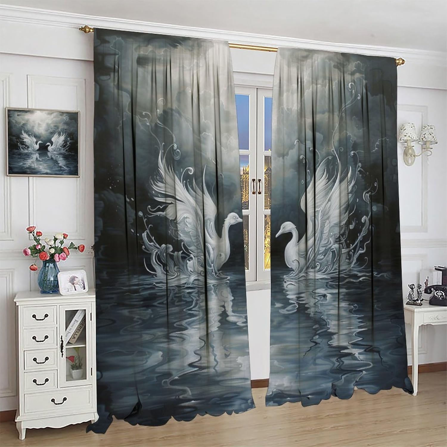 Brebasf Modern Gothic Valentine Day Swan Curtains Rustic Painting Art Nature Wildlife Swan Bird Window Treatment Blackout Curtains Rods Pocket Curtains- 2 Panels 54" L x 21" W