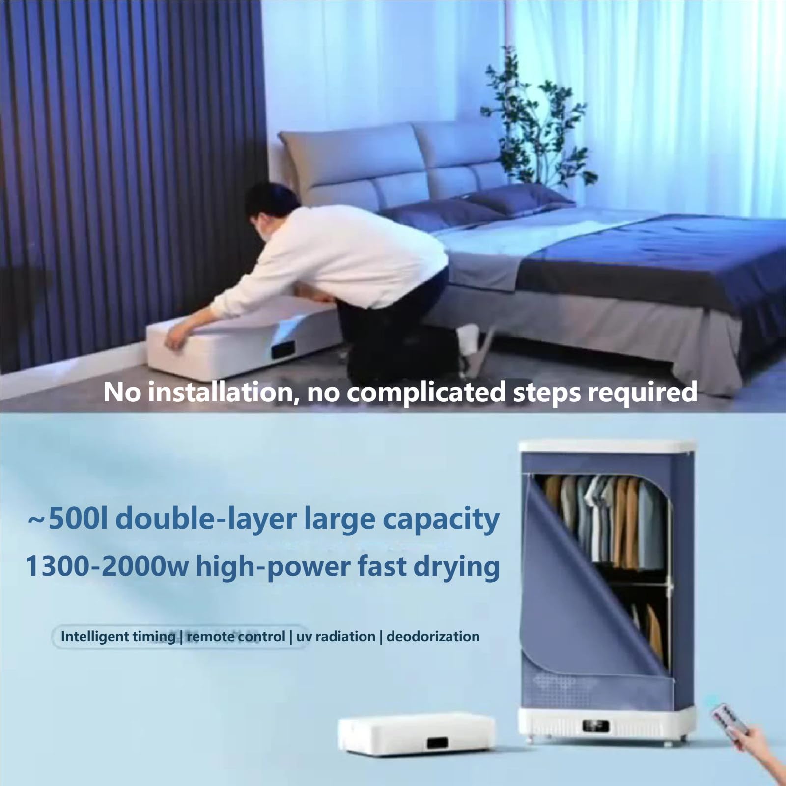 Secadora de Ropa portátil sin instalación, 500 L de Capacidad, Temporizador Inteligente de 240 Minutos, Control Remoto. Ideal para el hogar y Viajes