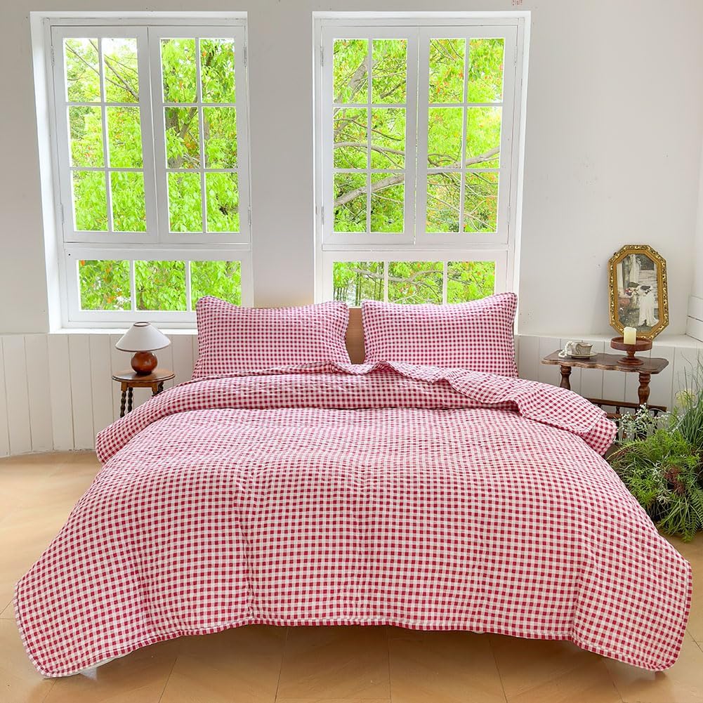 NSNLGSGC Red Gingham Queen Quilt Set, Soft Pre-Washed Microfiber Red Plaid Queen Bedspread, Lightweight Checked Summer Quilt, Grid Bedding Coverlets for All Seasons (Includes 1 Quilt, 2 Pillow Shams) - Image 7