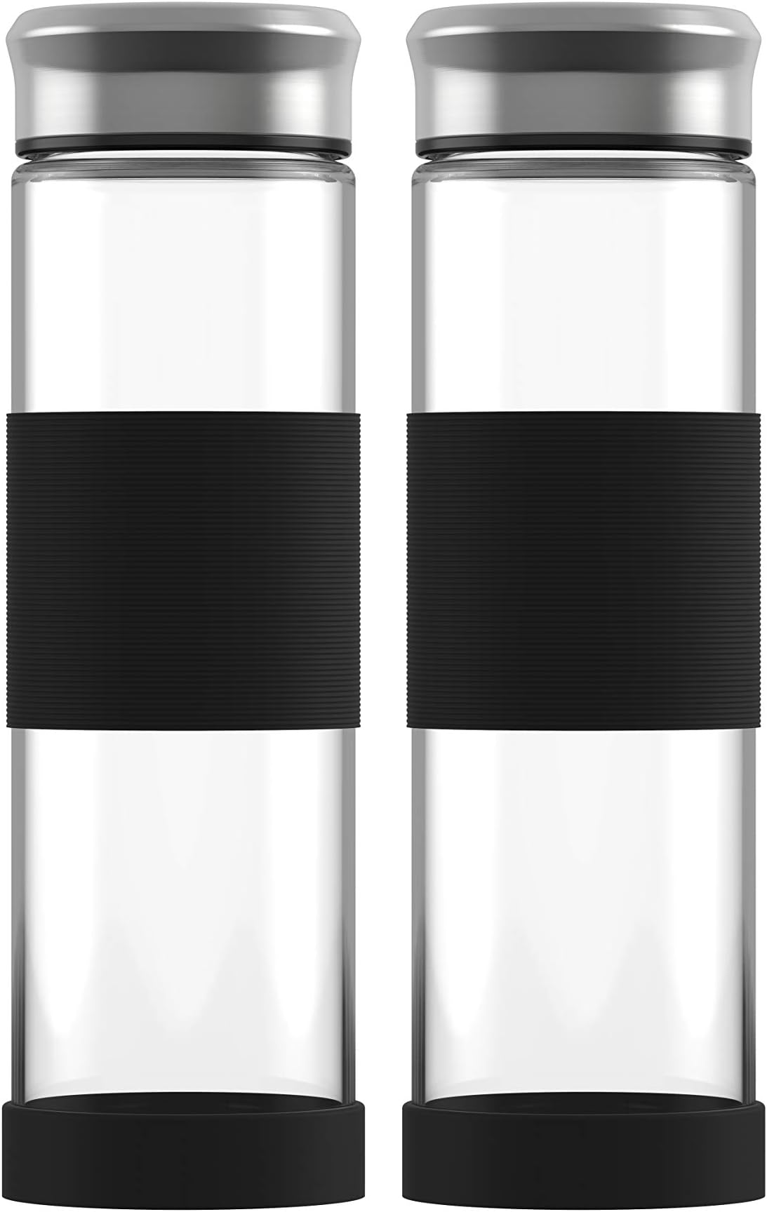 ELDR Supply 500ml Glass Water Bottles, Easy to Clean Wide Mouth, Silicone Sleeve and Base, Handmade Clear Borosilicate Glass, 2-Pack (16.9oz / .5 Liter)