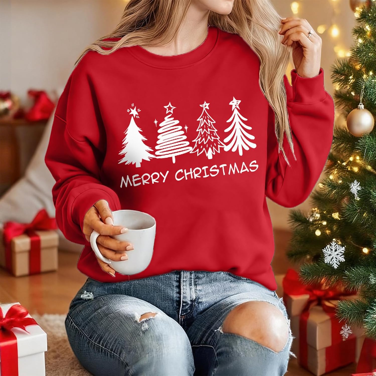 Christmas Sweatshirts for Women Christmas Tree Long Sleeve Pullover Shirt Xmas Tops - Image 2
