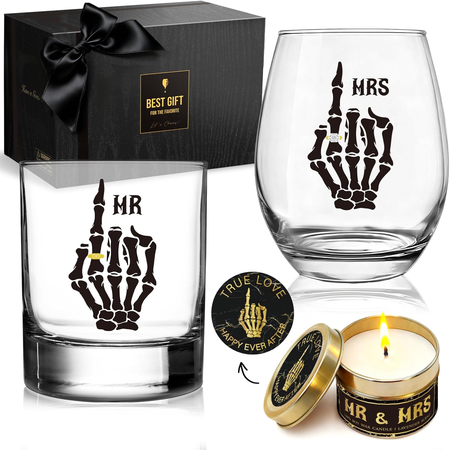 Ring Finger Wine Glass Gift Set for Couples, Skeleton finger wine & Whiskey glass Set + Candle, Wedding Gift for Bride Groom, Newlyweds,Mr and Mrs for Christmas, Engagement gift for His Hers -19