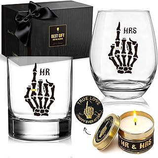 Ring Finger Wine Glass Gift Set for Couples, Skeleton finger wine & Whiskey glass Set + Candle, Wedding Gift for Bride Groom, Newlyweds,Mr and Mrs for Christmas, Engagement gift for His Hers -19