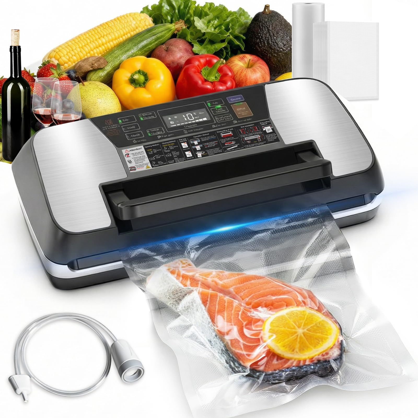 Envasadora al Vacío Doméstica y Profesional para Alimentos – 95 kPa, Aparato 12 en 1 con Doble Soldadura, Easy-Lock, Cortador de Film Integrado, Bandeja Desmontable para Conservación de Larga Duración