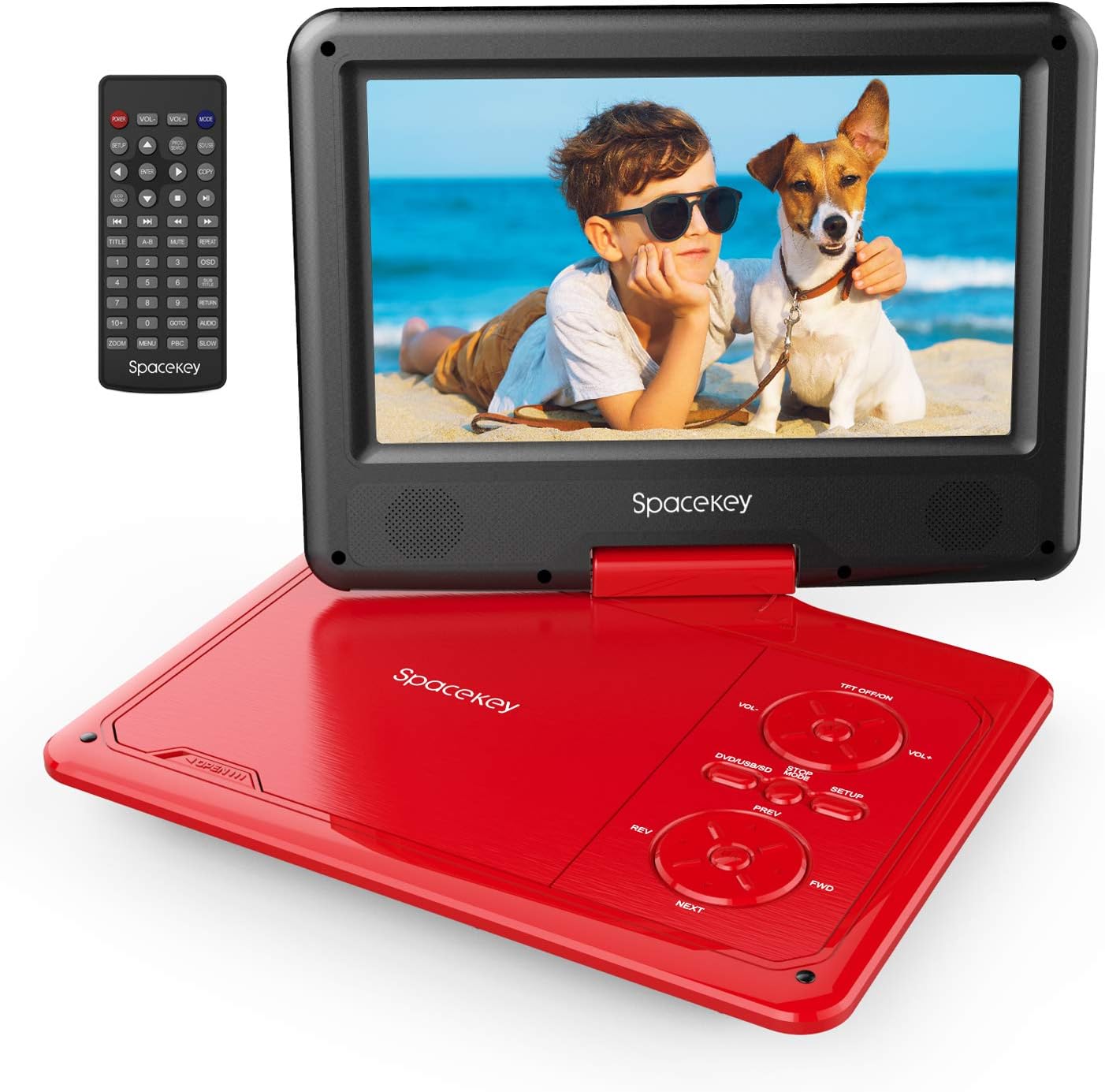 Portable DVD Player 11.5’’ with 5 Hours Rechargeable Battery by SPACEKEY, 9" Swivel Screen, Support USB/SD Slot and 1.8 Meter Car Charger, Support Memory and Region Free (Red)