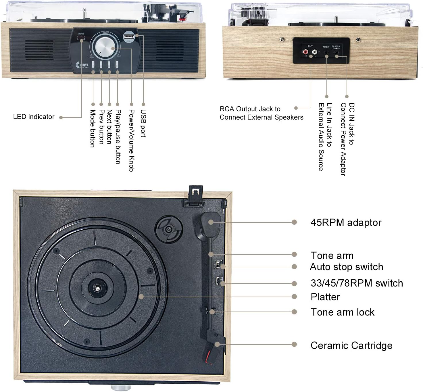 Limited Stock Record Players, VINYL MUSIC ON Turntable with 3-Speed Bluetooth 5.0 Record Player with Built in Speakers, Belt Driven Vintage Style Vinyl Player, Supports USB Encoding/AUX in/RCA Output (Light Wood) Exclusive Discount 50% Price Record Players, VINYL MUSIC ON Turntable with 3-Speed Bluetooth 5.0 Record Player with Built in Speakers, Belt Driven Vintage Style Vinyl Player, Supports USB Encoding/AUX in/RCA Output (Light Wood)