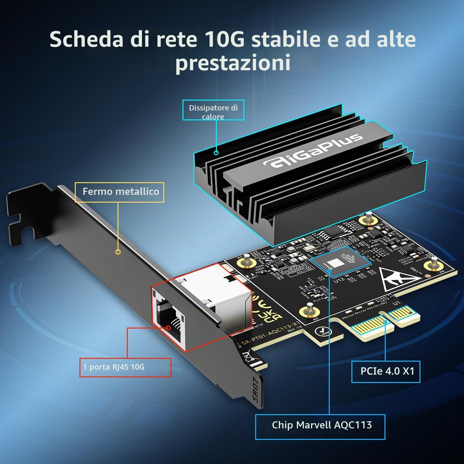 Scheda di rete PCI-e4.0 X1 10Gbe, controller Marvell AQC113, NIC con porta RJ45 Base-T 10G, scheda Ethernet GiGaPlus 100/1000/2500/10000Mbps, adattatore Ethernet 10Gb supporta Windows10/11