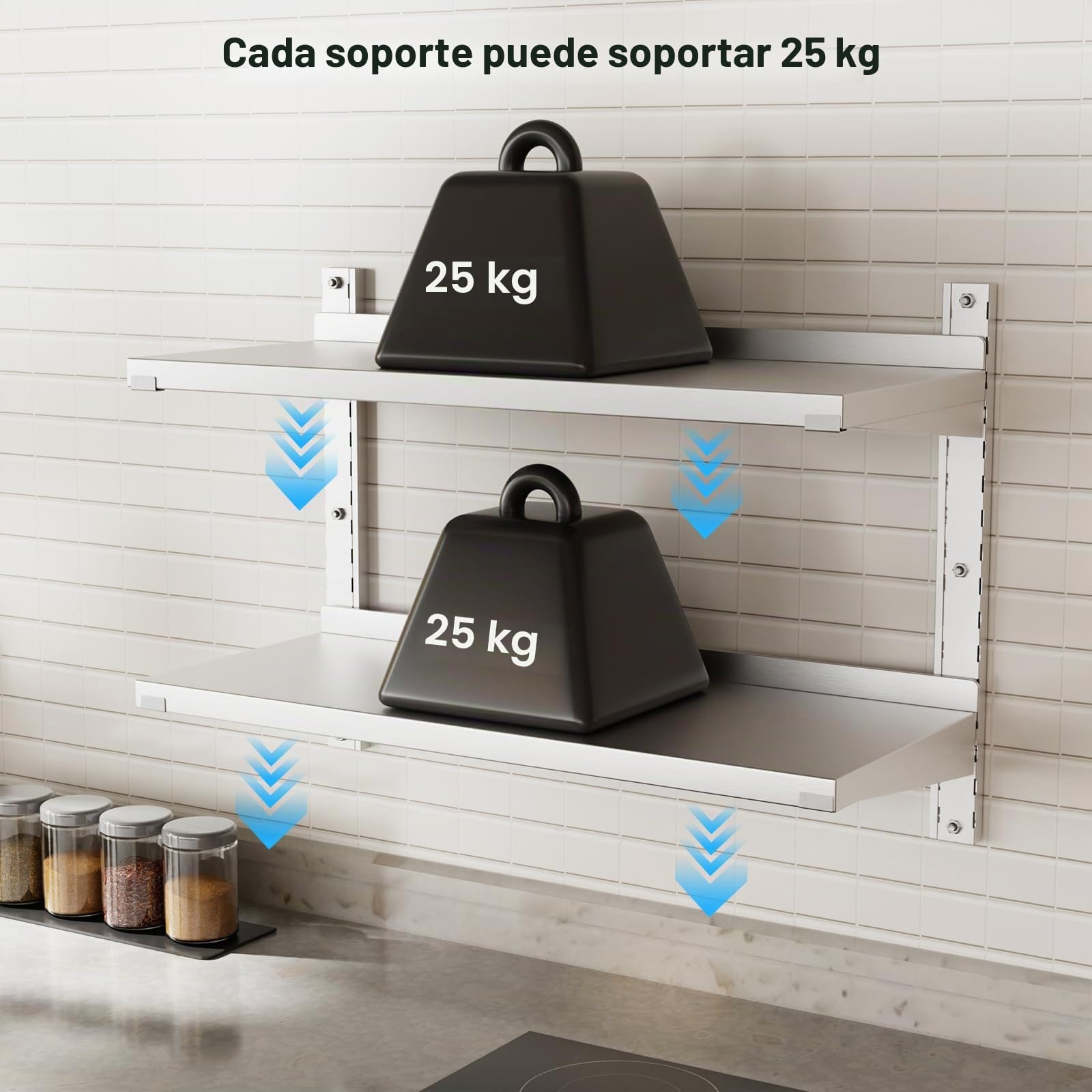 TAIMIKO Estante de Pared para Almacenamiento de Cocina, 2 bandejas, Elementos para Montaje en Pared, diseño Moderno, Acero Inoxidable, (Restaurante, Bar, casa, Cocina, lavadero, Garaje y lavandería)