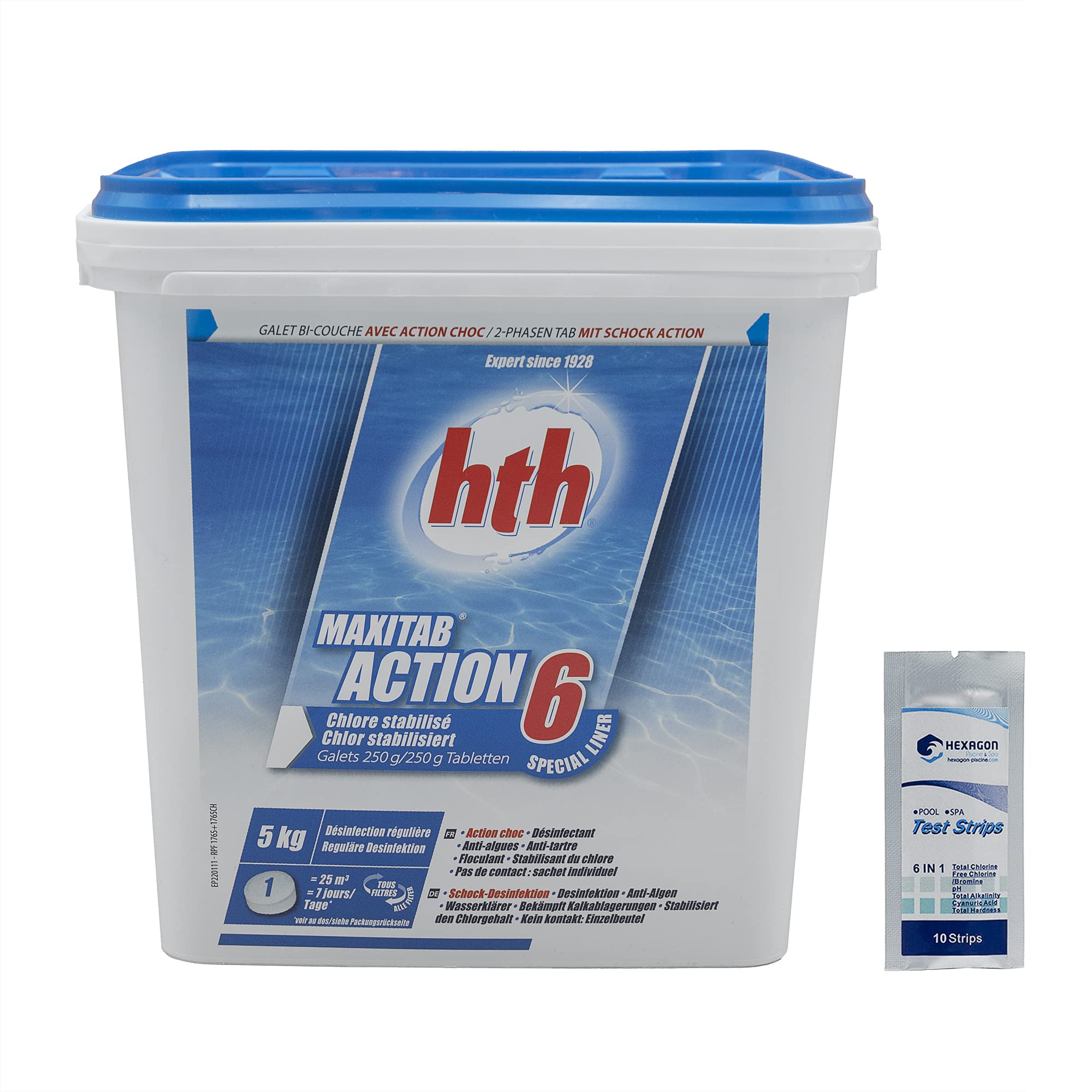 HTH MAXITAB Action 6 Galet 250g Bi-Couche Spécial Liner - 5kg | Chlore Lent stabilisé Multiaction - Désinfection Régulière Multifonction avec Action Choc + 10 Tests HPS OFFERTS 6 en 1