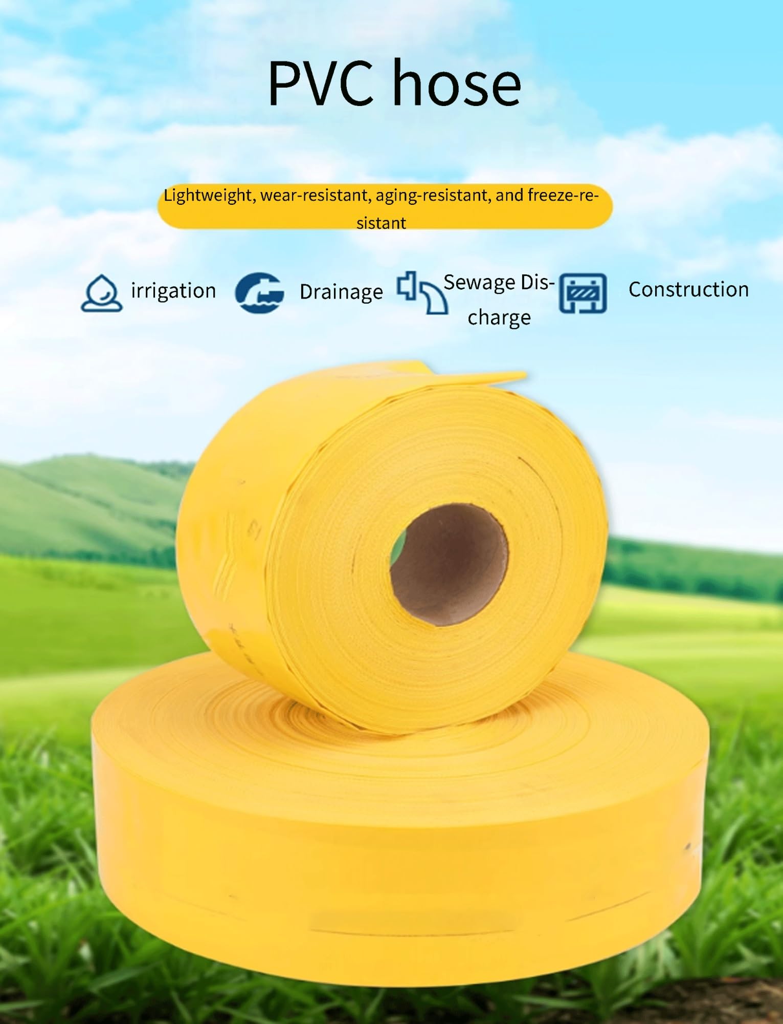 Manguera de descarga plana, Manguera de descarga retrolavado plana PVC, diámetros múltiples 1,5 a 6 pulgadas, longitudes a 50 m(2in,50meter)