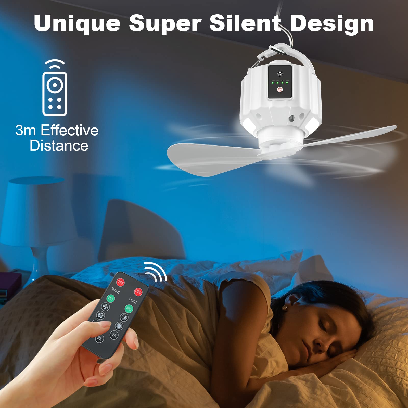 Ventilateur De Camping Avec Lumière LED - Rechargeable USB - Télécommande Et Minuterie - 3 Vitesses - Pour Tente, Auvent, Dortoir