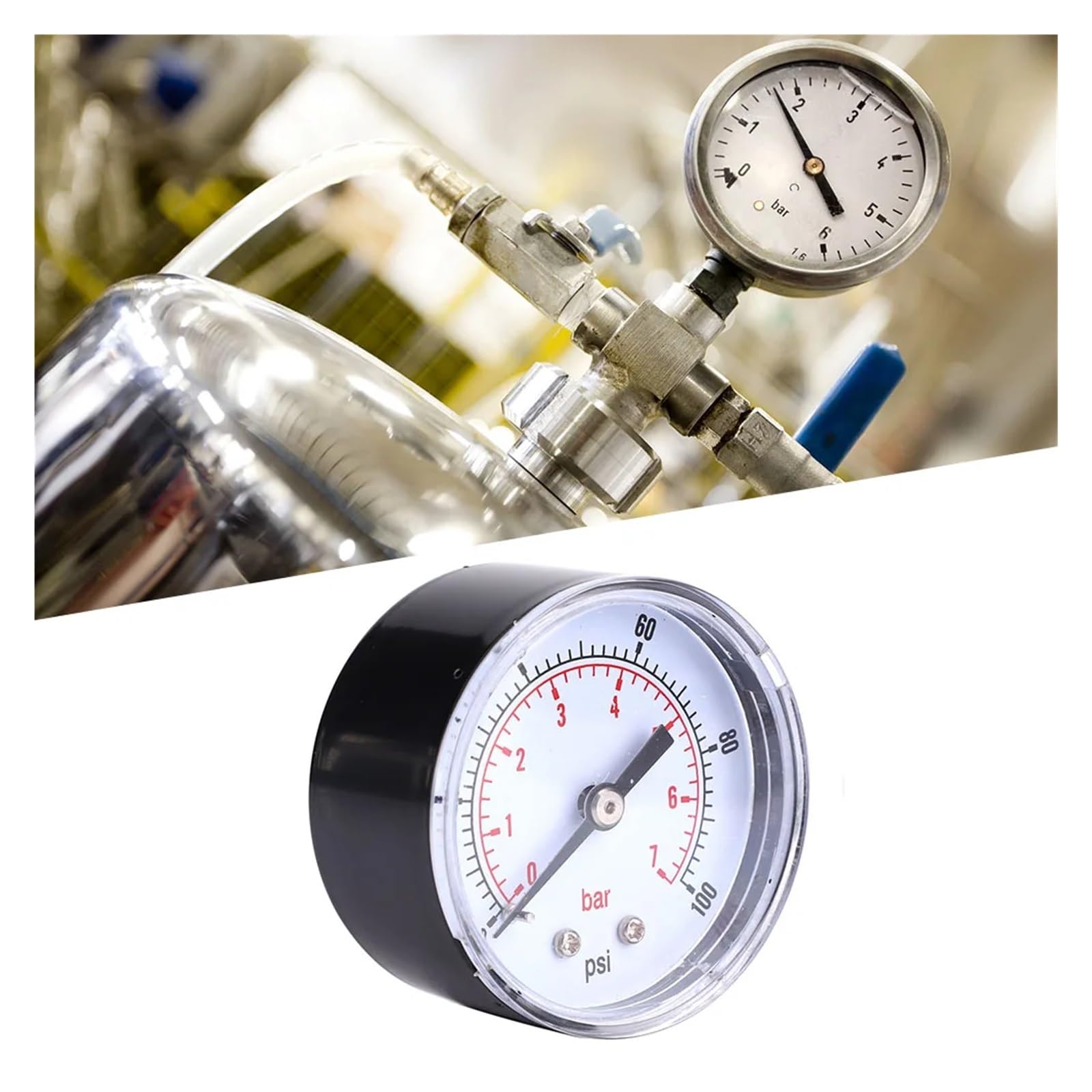 Manómetro, Manómetro de presión de 50 mm con esfera de 1/8 BSPT for aire, agua, petróleo y gas, 0-100 PSI, 0-7 bar, color negro