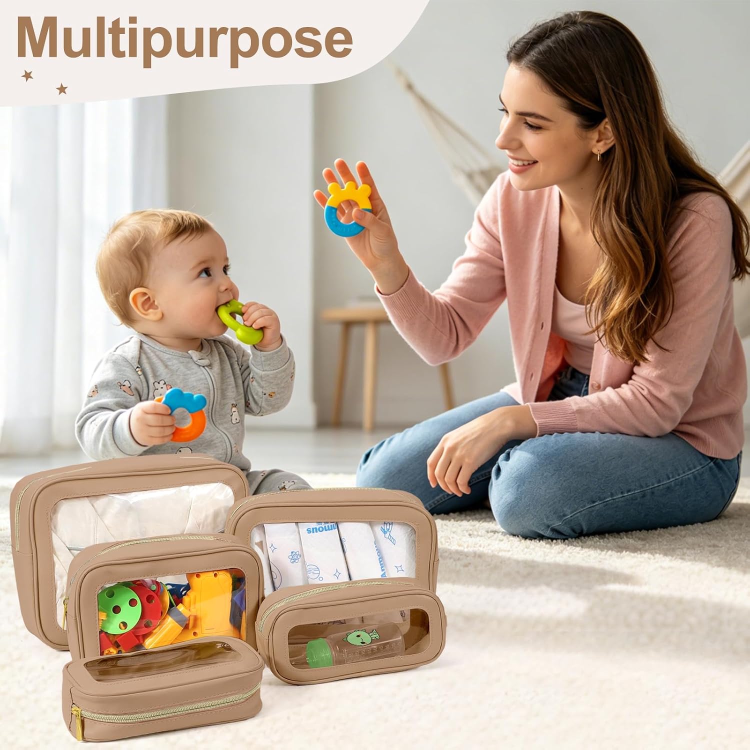 5PCS Diaper Bag Organizer Pouch, Clear TPU Waterproof Organizer Zipper Bags, Cosmetic Bag Set, TSA Approved Toiletry Bags, Travel Oganizer Bag for Kids and Women