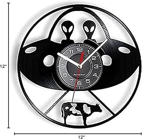 Miniatura 6 de Reloj de pared con pilas, silencioso, sin tictac, de 12 pulgadas, platillo volador, relojes de vinilo, OVNI Aliens Light Beam Transmite vaca Sci-FI