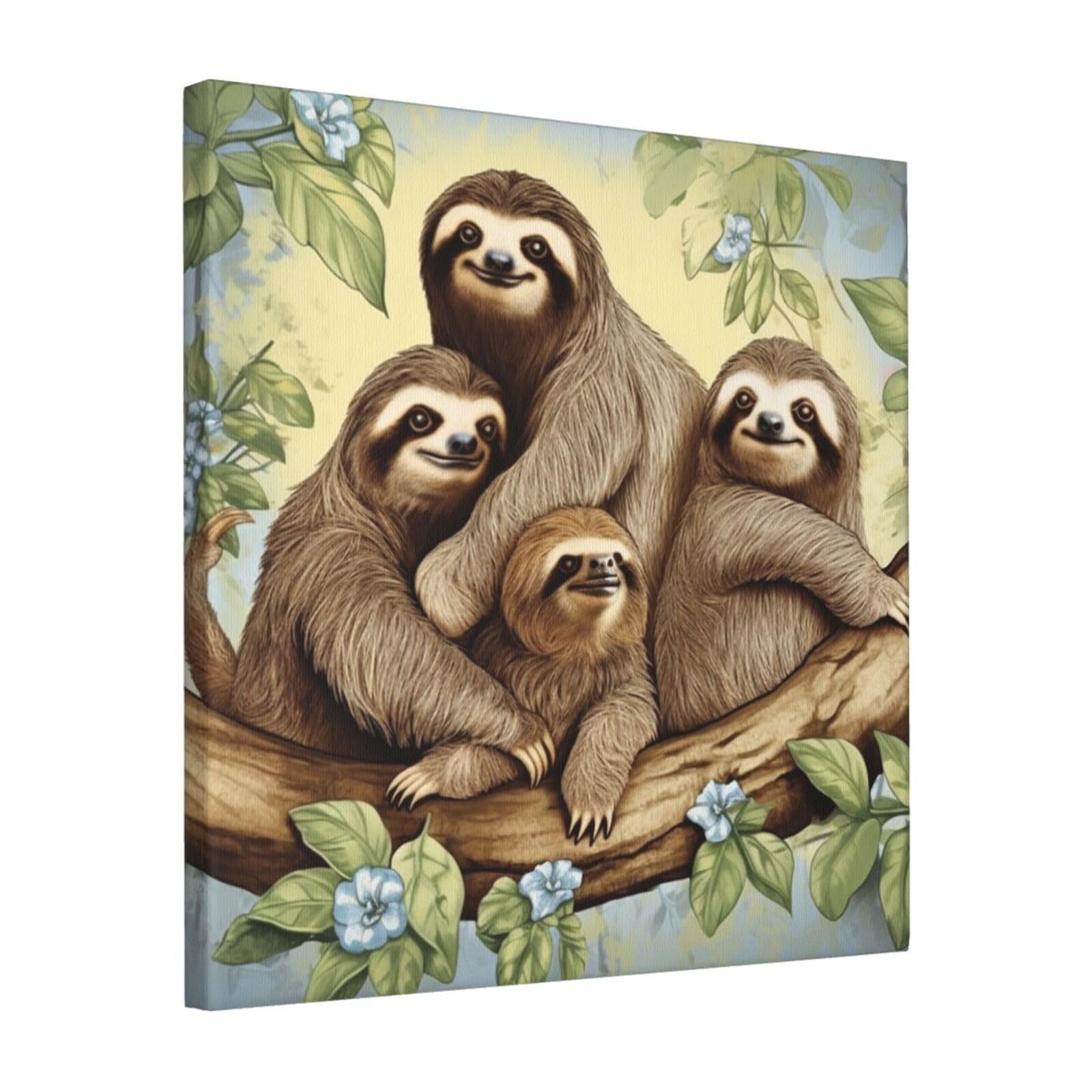 KLOPH Sloth Family Canvas Wall Art for Living Room 16"x16" Modern Artwork Painting for Bathroom Hanging Canvas Prints Aesthetic Wallart for Bedroom Kitchen Office Wall Decor