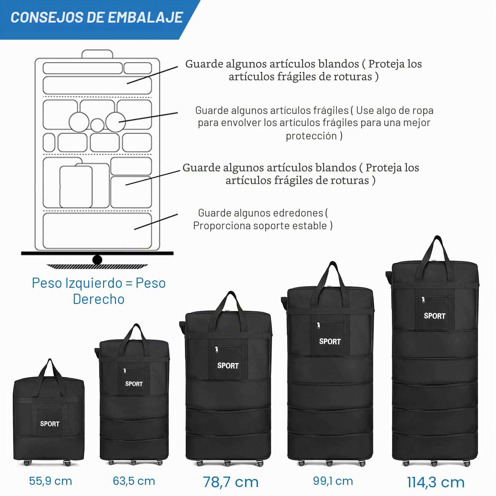 Maleta de viaje con ruedas, expandible, equipaje de mano, gran bolsa de ropa con ruedas, para mudanzas, para la escuela, para hombres y mujeres, Predeterminado, 45 Zoll