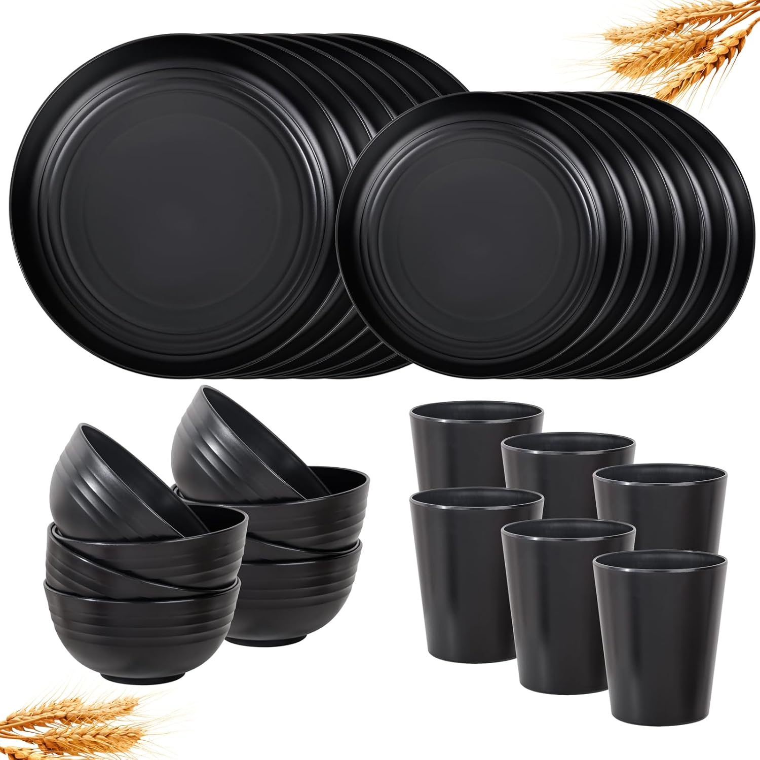 LIYH 24 Pcs Black Wheat Straw Dinnerware Sets, Unbreakable Plates and Bowls Set Plastic Dinnerware Set Include Wheat Straw Plates, Bowls, Cups, Dishes for Kitchen& Camping