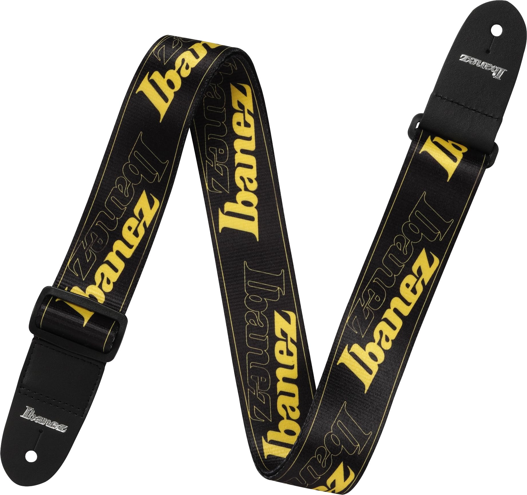 Ibanez GSD50 Guitar Strap – Yellow Logo Design - Adjustable 930–1700mm, 50mm Width, Durable Polyester with Leather Ends in Black and Yellow