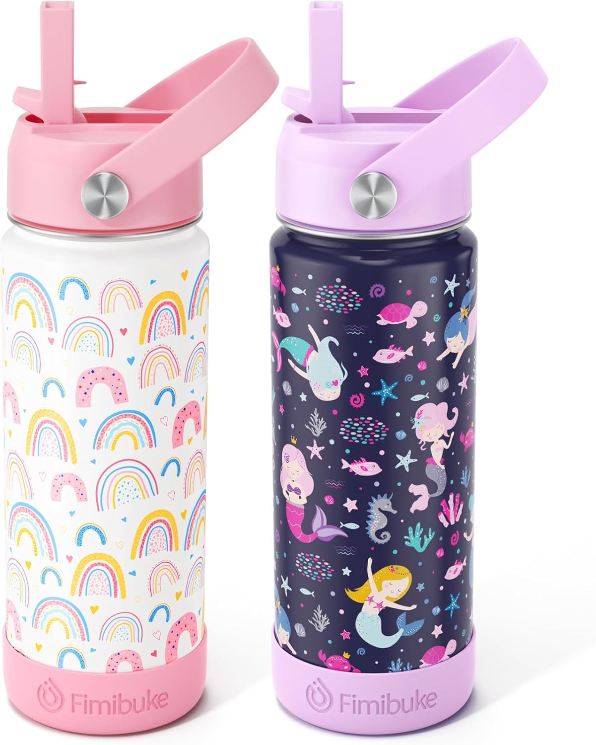Fimibuke Kids Insulated Water Bottle, 18oz BPA FREE Kids Cup with Straw Double Wall Vacuum Tumbler 18/8 Stainless Steel Leak Proof Toddler Water Bottle for School Boys Girls (2 Pack, Rainbow/Mermaid)
