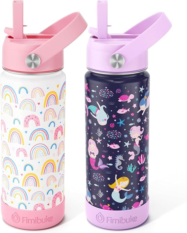 Fimibuke 18oz Kids Insulated Water Bottle, 18/8 Stainless Steel Kids Cups | BPA FREE Travel Tumbler with Straw Double Wall Vacuum Leak Proof Metal Toddler Water Bottle for School Boys Girls, 2 Packs