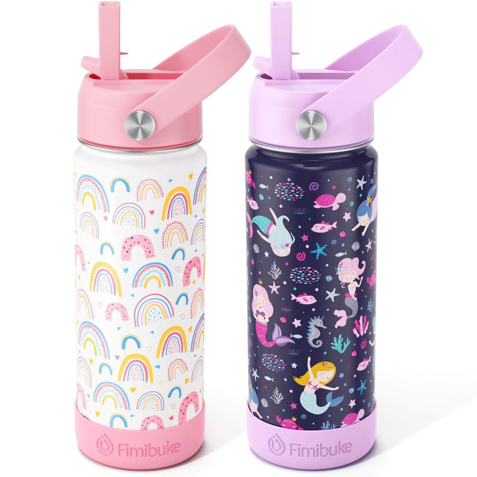 Fimibuke Kids Insulated Water Bottle, 18oz BPA FREE Kids Cup with Straw Double Wall Vacuum Tumbler 18/8 Stainless Steel Leak Proof Toddler Water Bottle for School Boys Girls (2 Pack, Rainbow/Mermaid)