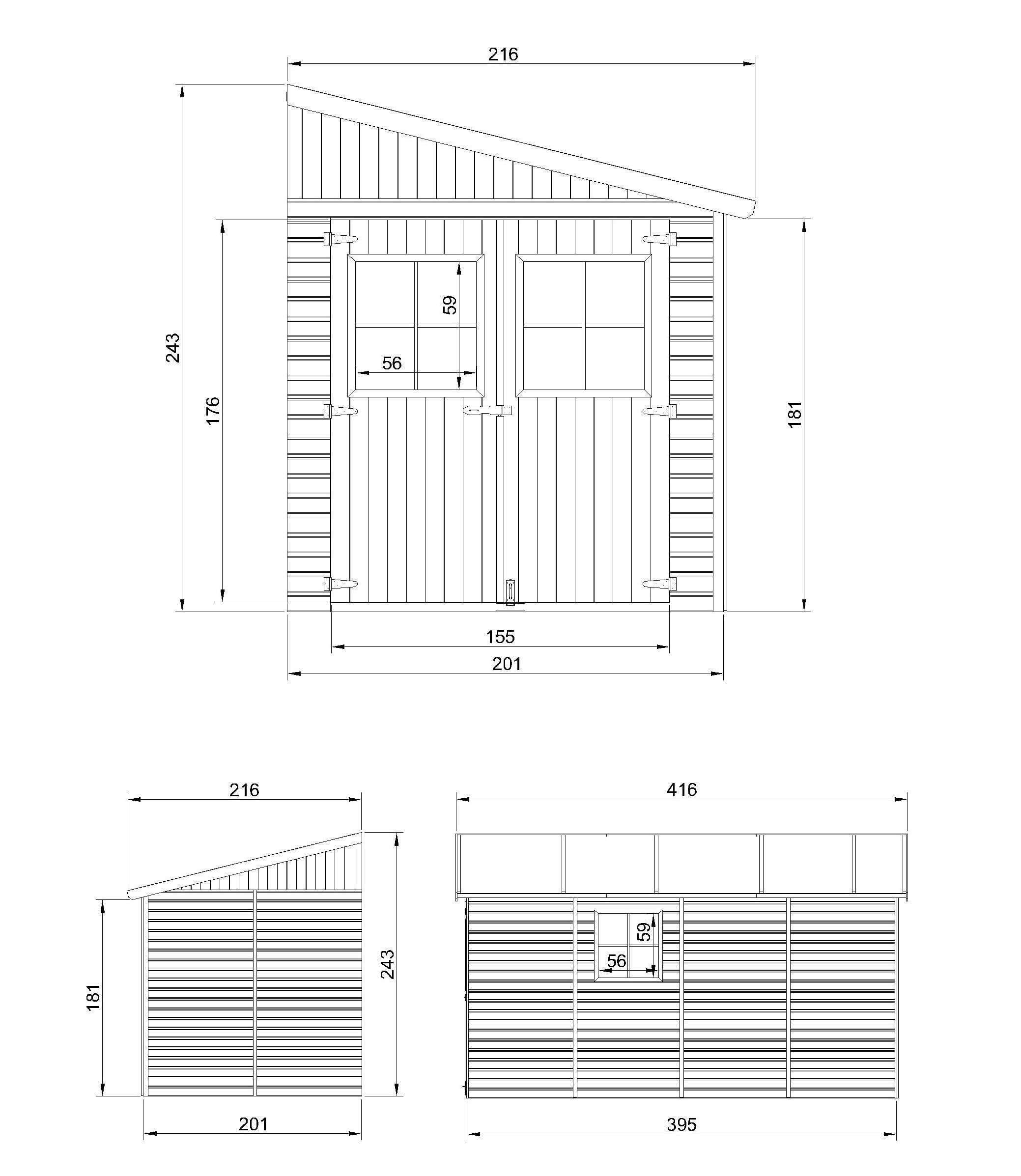 Cobertizo de Madera para jardín SIN Pared Lateral- con Suelo TRATADO – H243x216x416 cm/8 m2 Cobertizo de Madera Natural - Taller de Jardín - TIMBELA M340+M340G