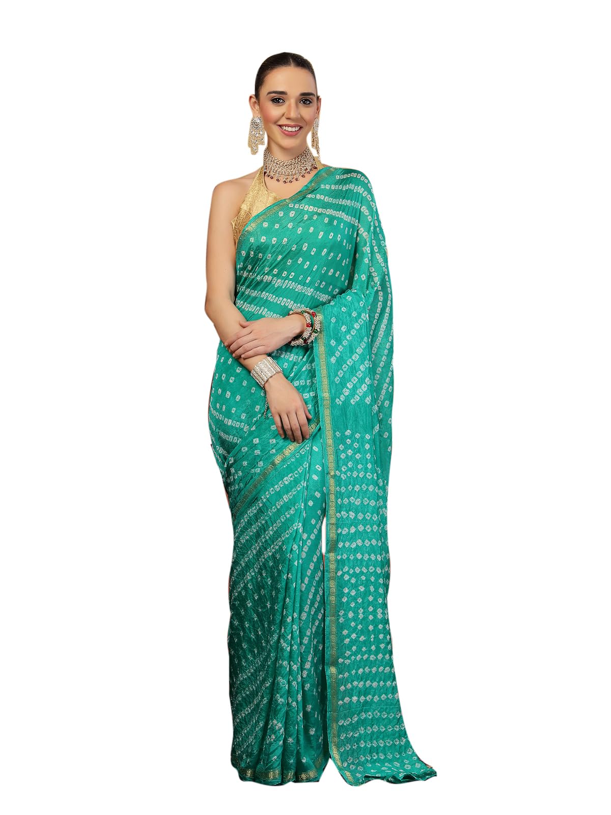 Womens Bandhani Silk Bandhej Tie-Dye Zari Weaving Saree and Unstitched Blouse Piece (Turquoise)-image-23