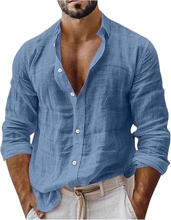 Mens Casual Cotton Linen Shirts Oversized Long Sleeve Buttons Down Tops Workout Beach Vacation Lapel Men Blouses