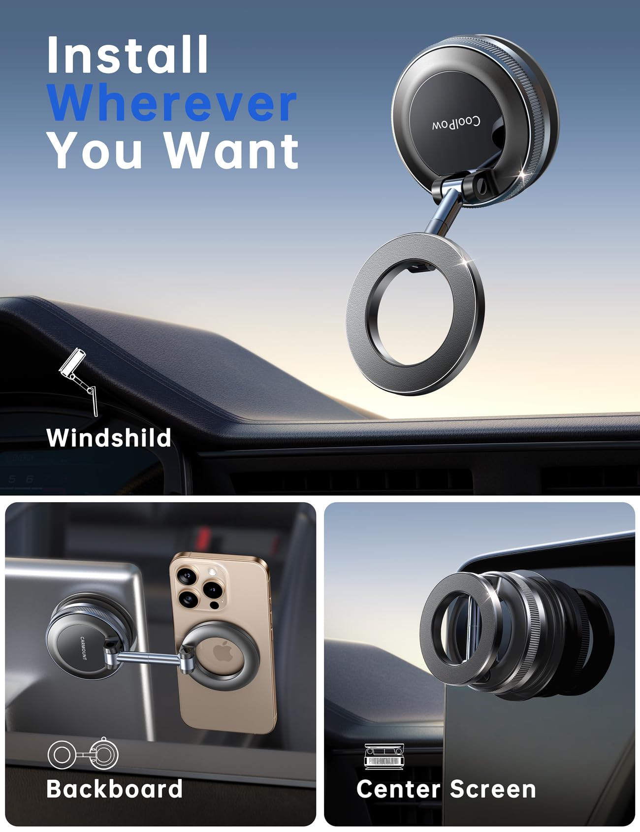 Uchwyt samochodowy MagSafe, regulowany uchwyt na telefon z przyssawką próżniową 360°, magnetyczny uchwyt na telefon komórkowy do samochodu pasuje do iPhone'a 16 Pro Max Plus 15 14 13 12