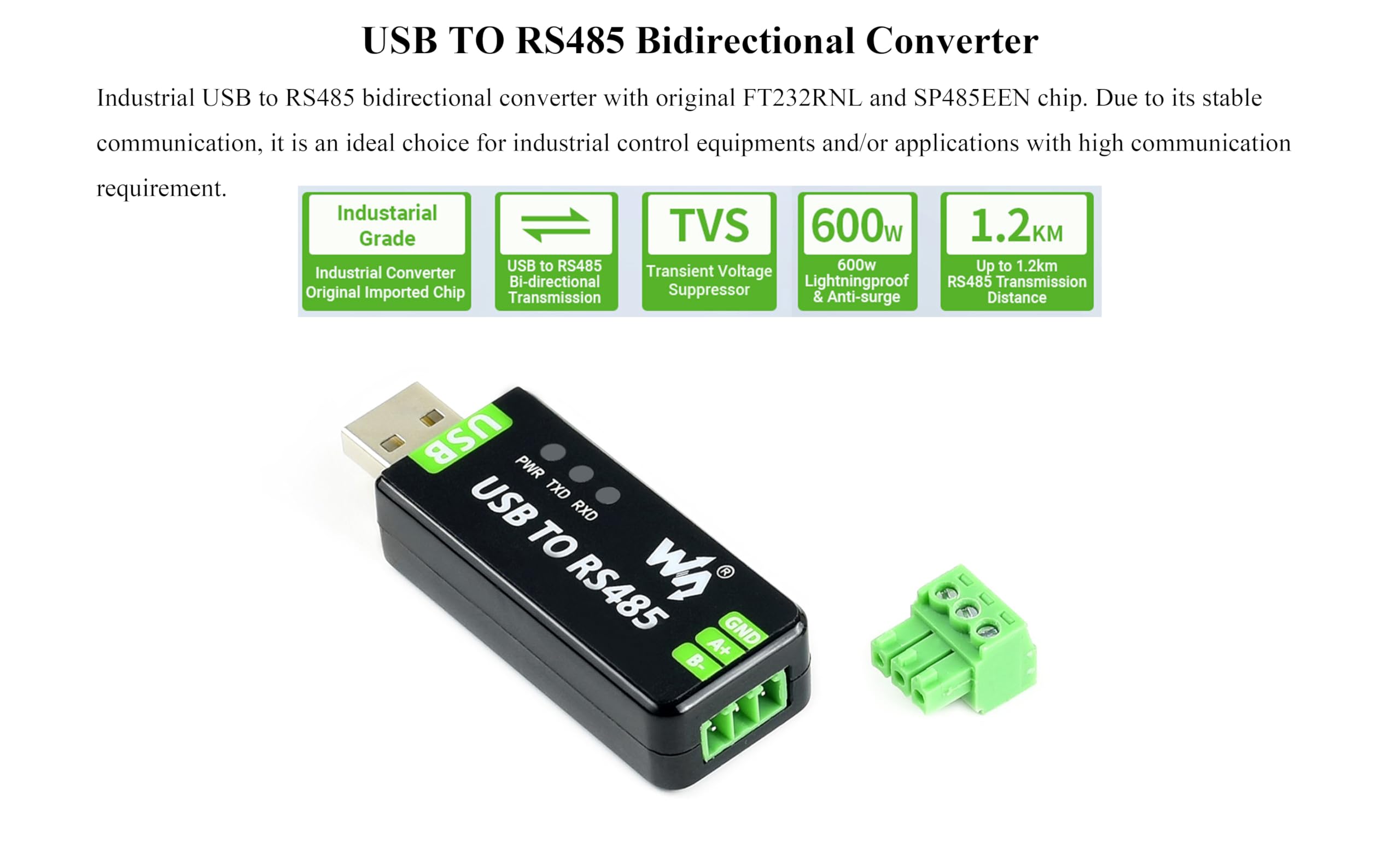 Industrial USB to RS485 Bidirectional Converter with Original FT232RNL and SP485EEN Chip, Supports Linux, Android,Win11/10/8.1/8/7/XP, etc. With Protection Circuits for Industrial Control Equipments